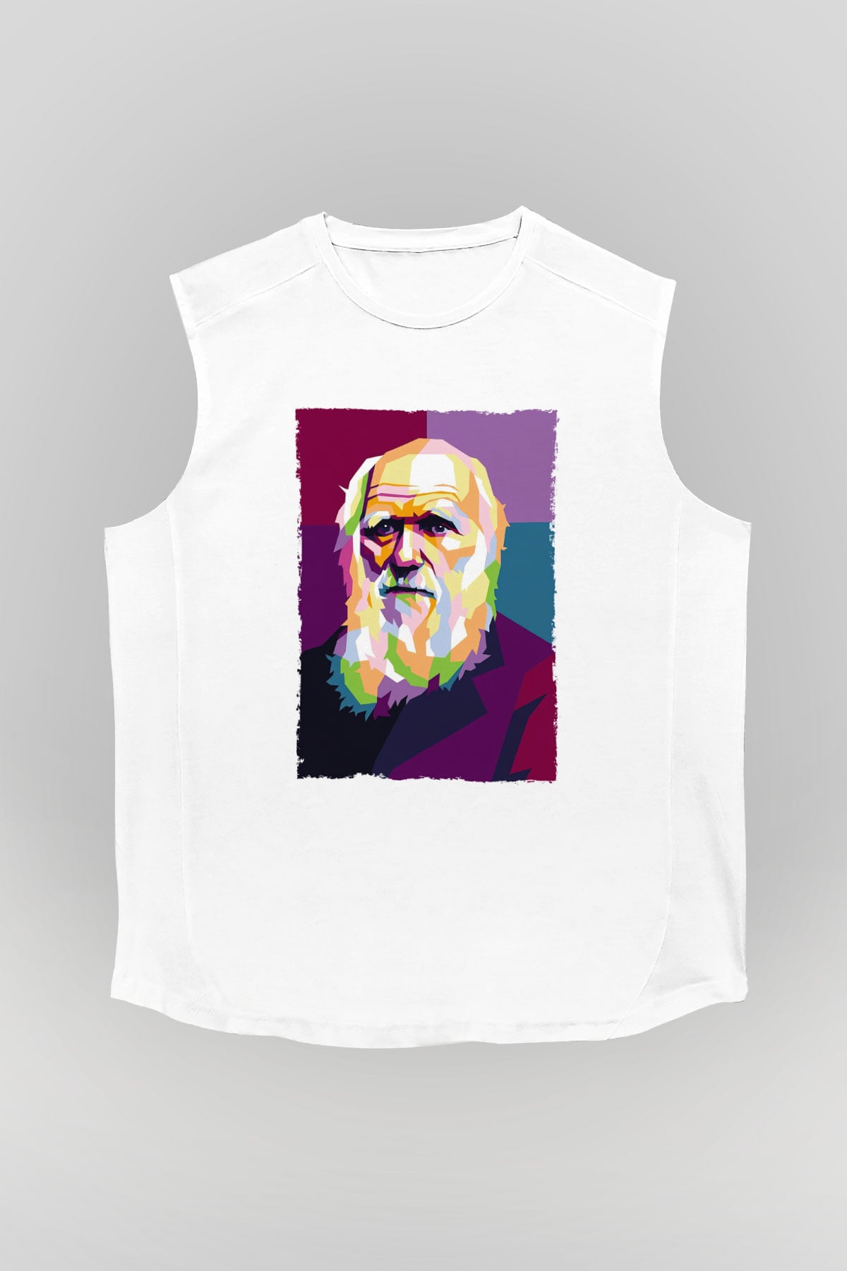 Charles Darwin Renkli Portre Baskılı Unisex Kolsuz Beyaz Tişört - Tshirt