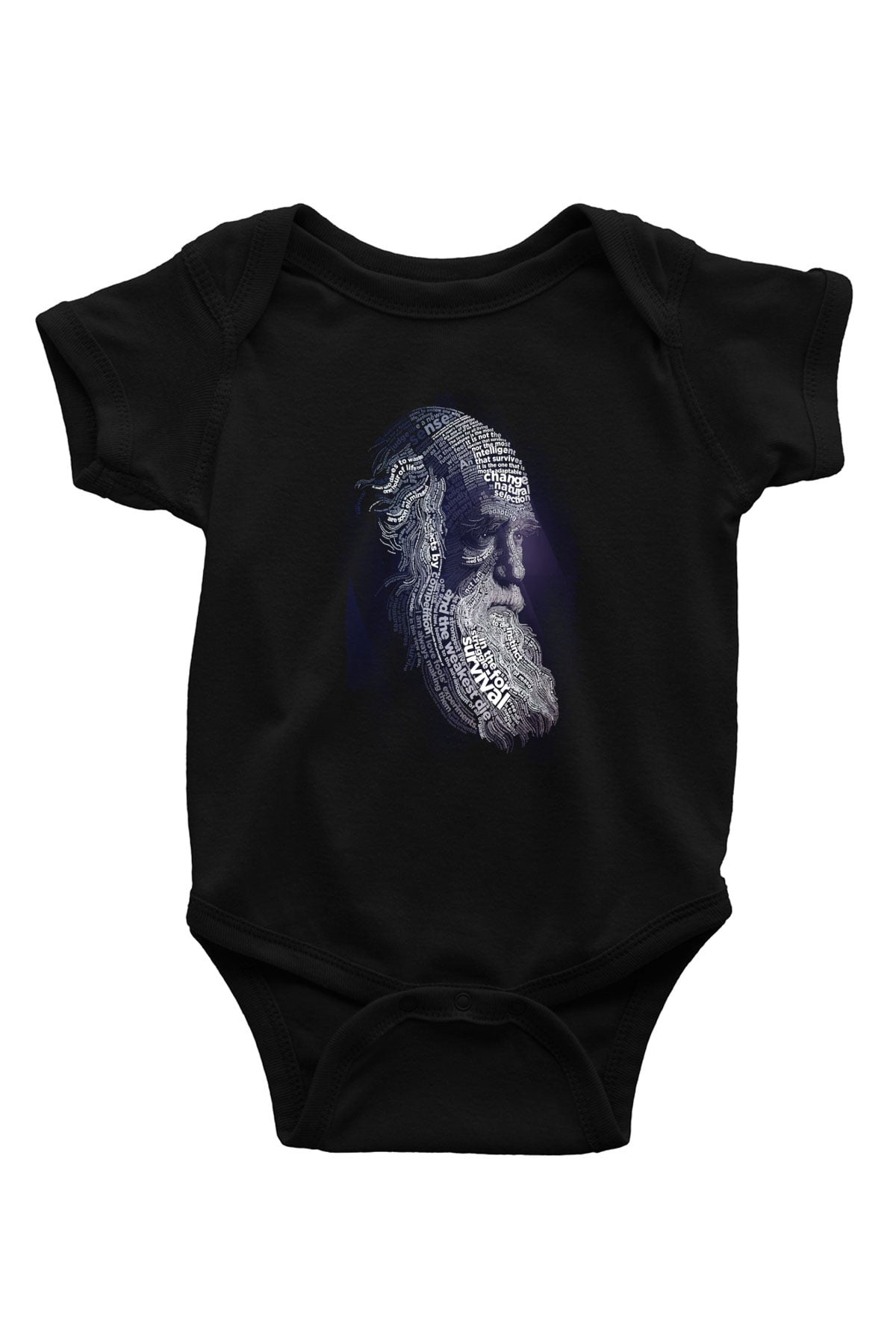 Charles Darwin Sanatsal Portre Baskılı Unisex Siyah Bebek Body - Zıbın