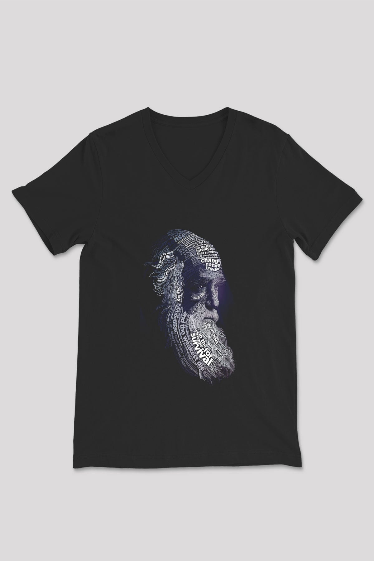 Charles Darwin Sanatsal Portre Baskılı Unisex Siyah V Yaka Tişört