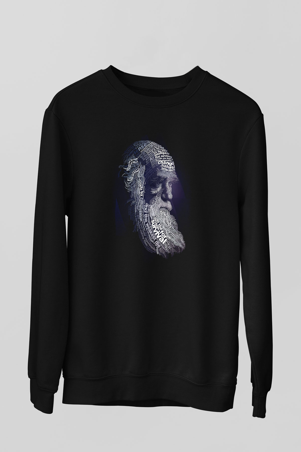 Charles Darwin Sanatsal Portre Baskılı Unisex Siyah Sweatshirt