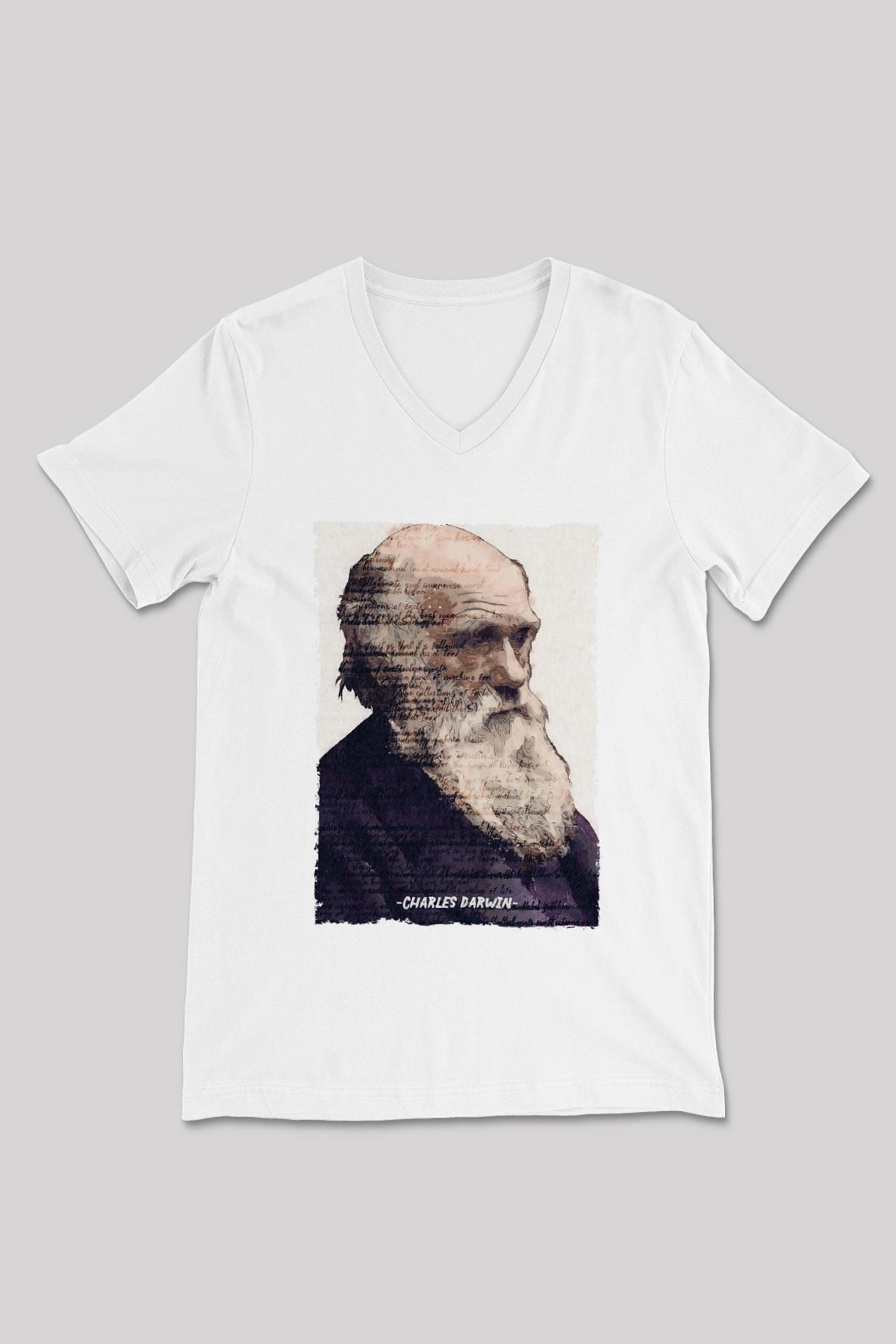 Charles Darwin Yazılı Portre Baskılı Unisex V Yaka Beyaz Tişört - Tshirt