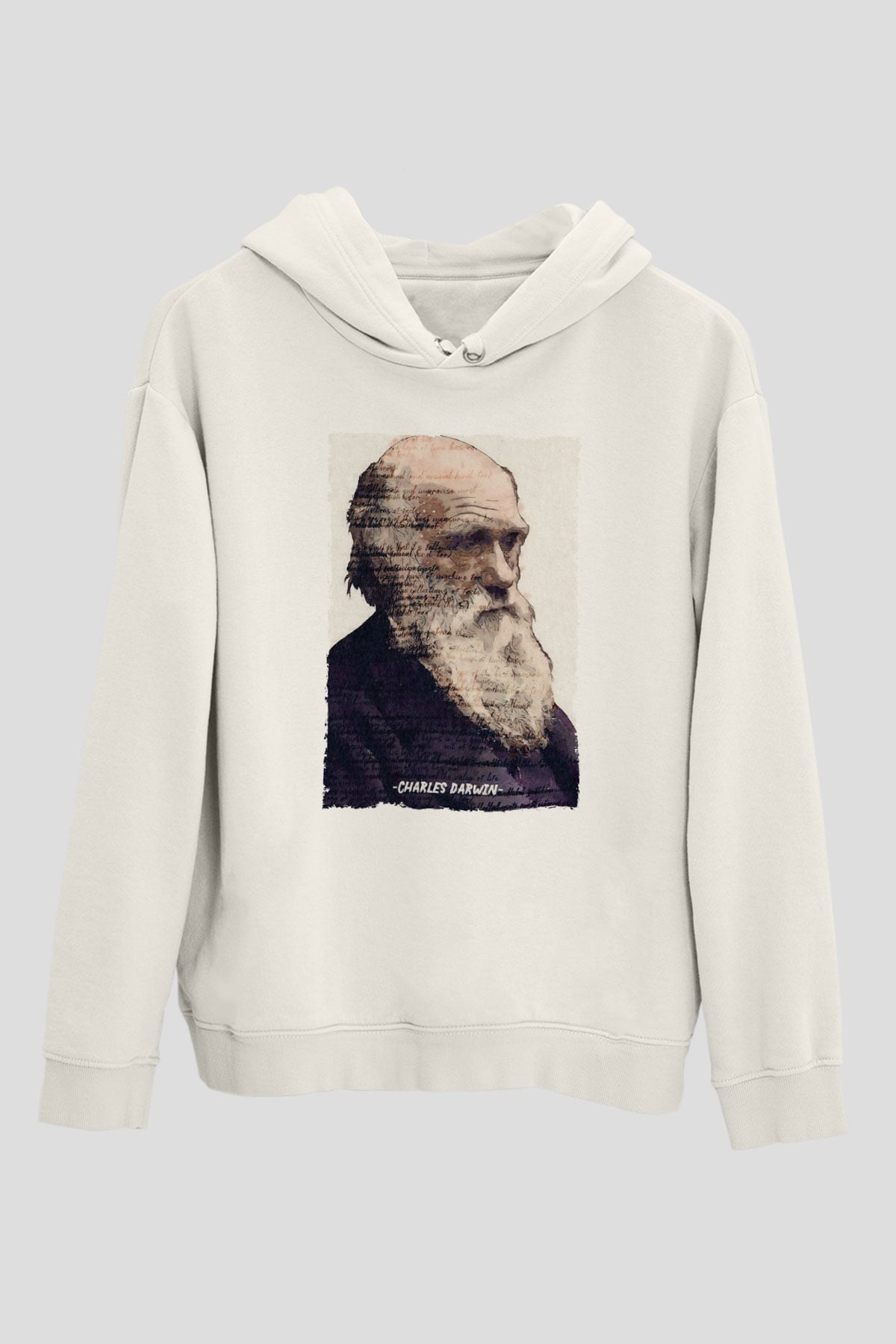 Charles Darwin Yazılı Portre Baskılı Unisex Ekru Hoodie