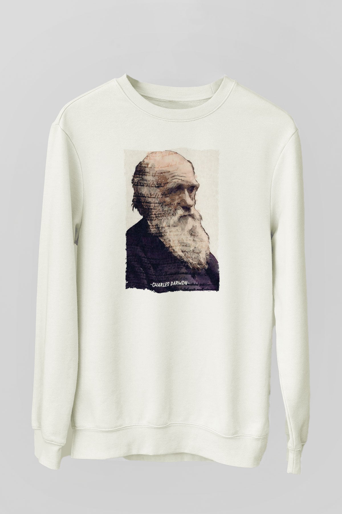 Charles Darwin Yazılı Portre Baskılı Unisex Ekru Sweatshirt