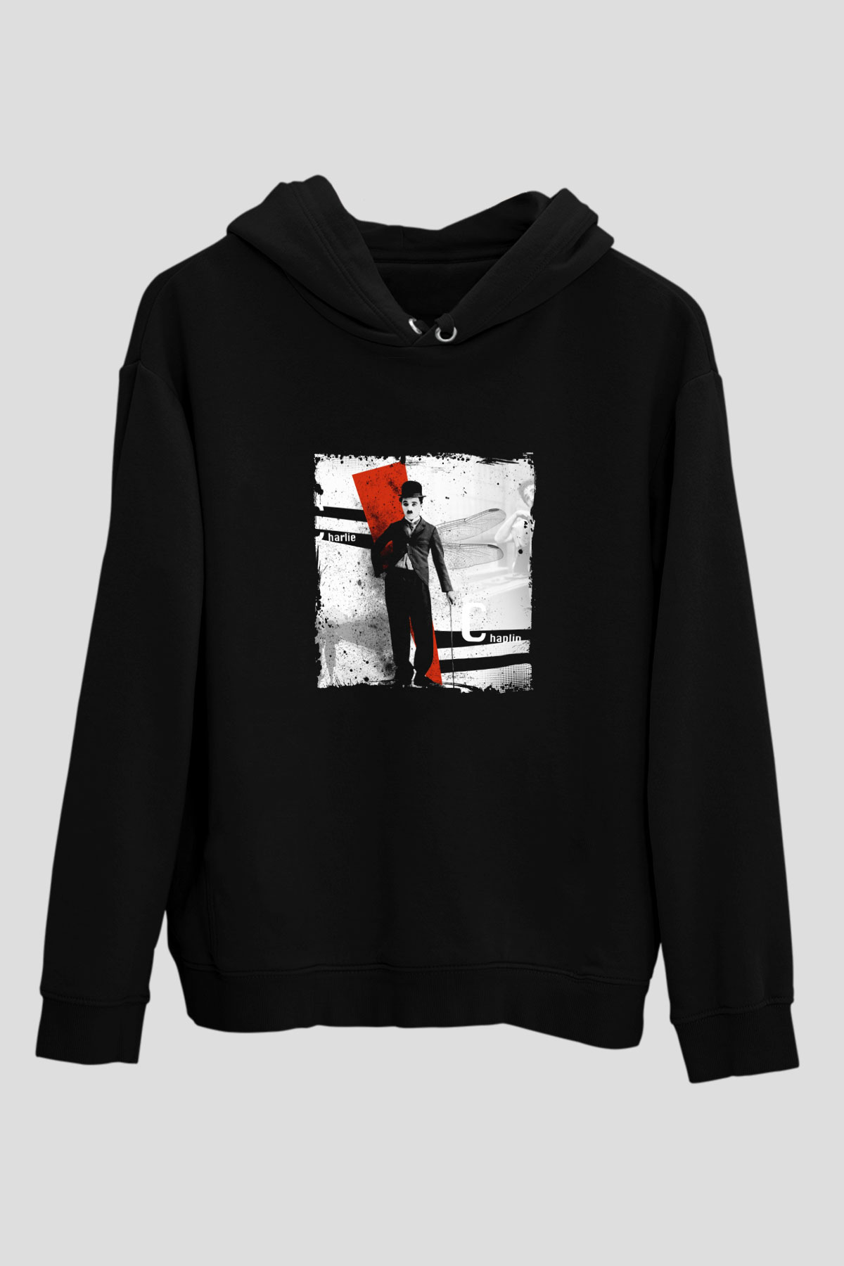 Charlie Chaplin Baskılı Unisex Siyah Hoodie