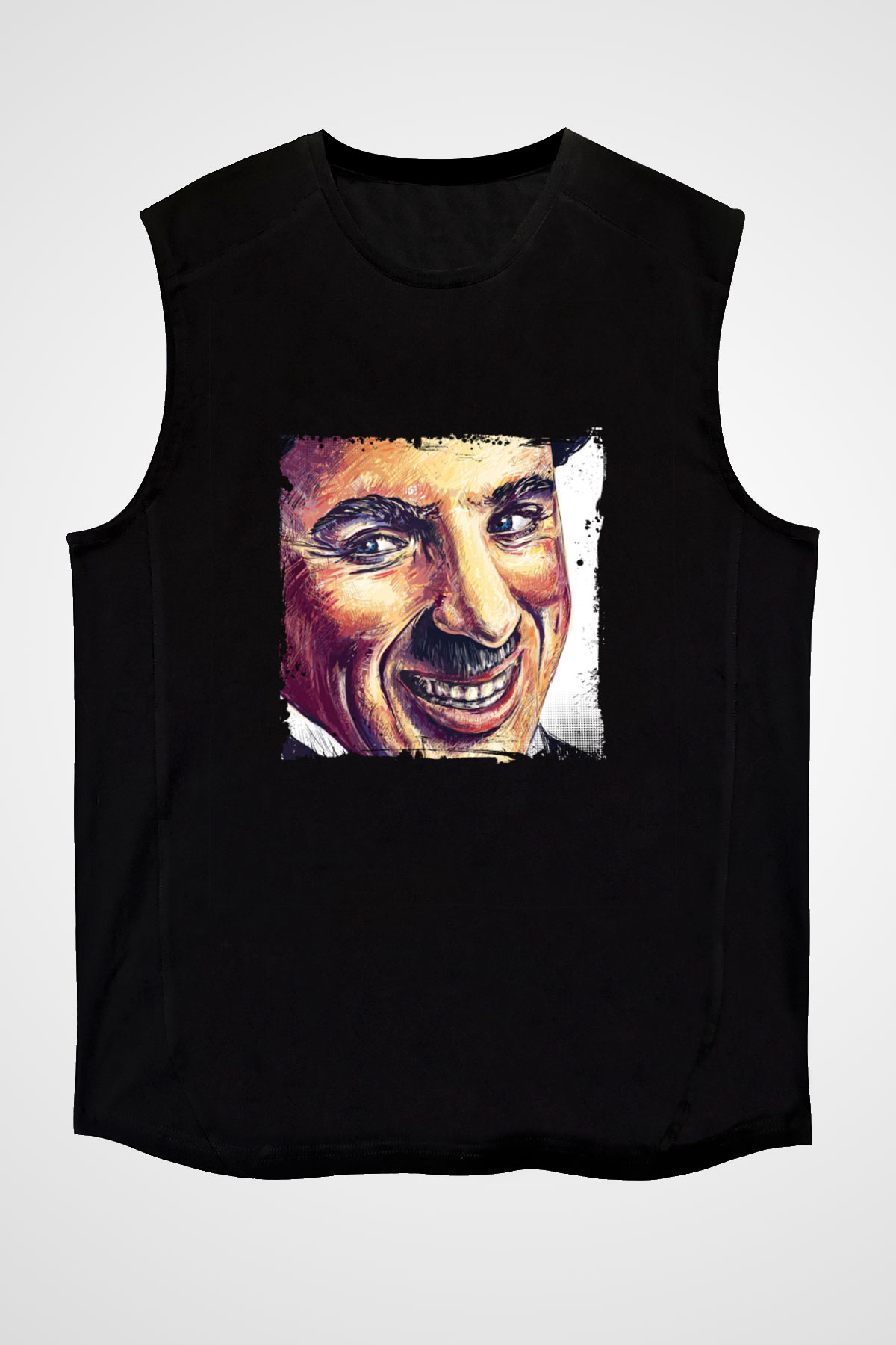 Charlie Chaplin Baskılı Unisex Siyah Kolsuz Tişört