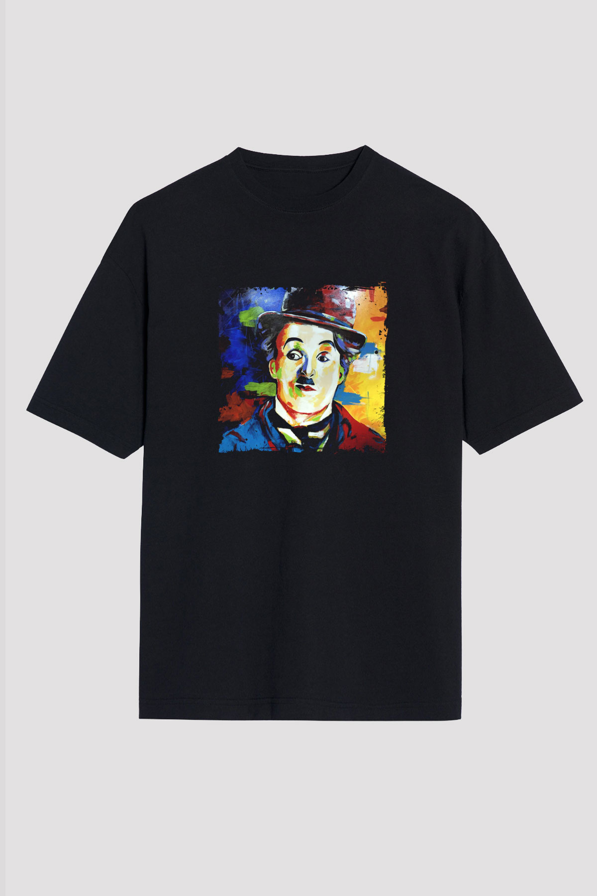Charlie Chaplin Baskılı Unisex Siyah Oversize Tişört
