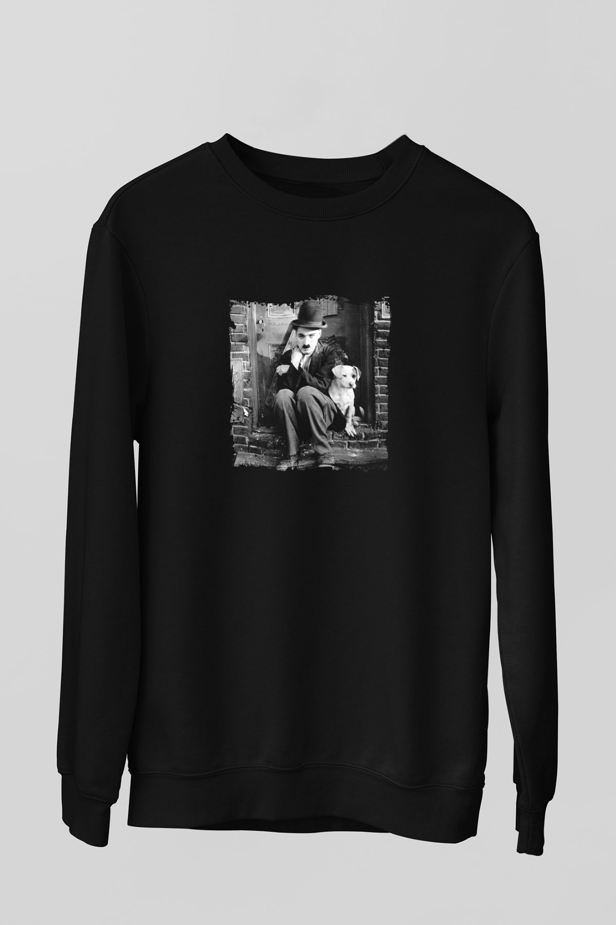 Charlie Chaplin Baskılı Unisex Siyah Sweatshirt