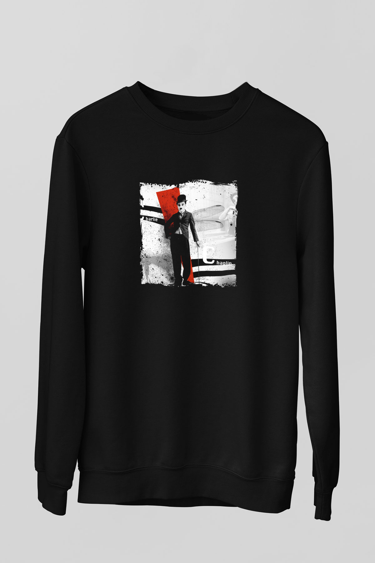 Charlie Chaplin Baskılı Unisex Siyah Sweatshirt