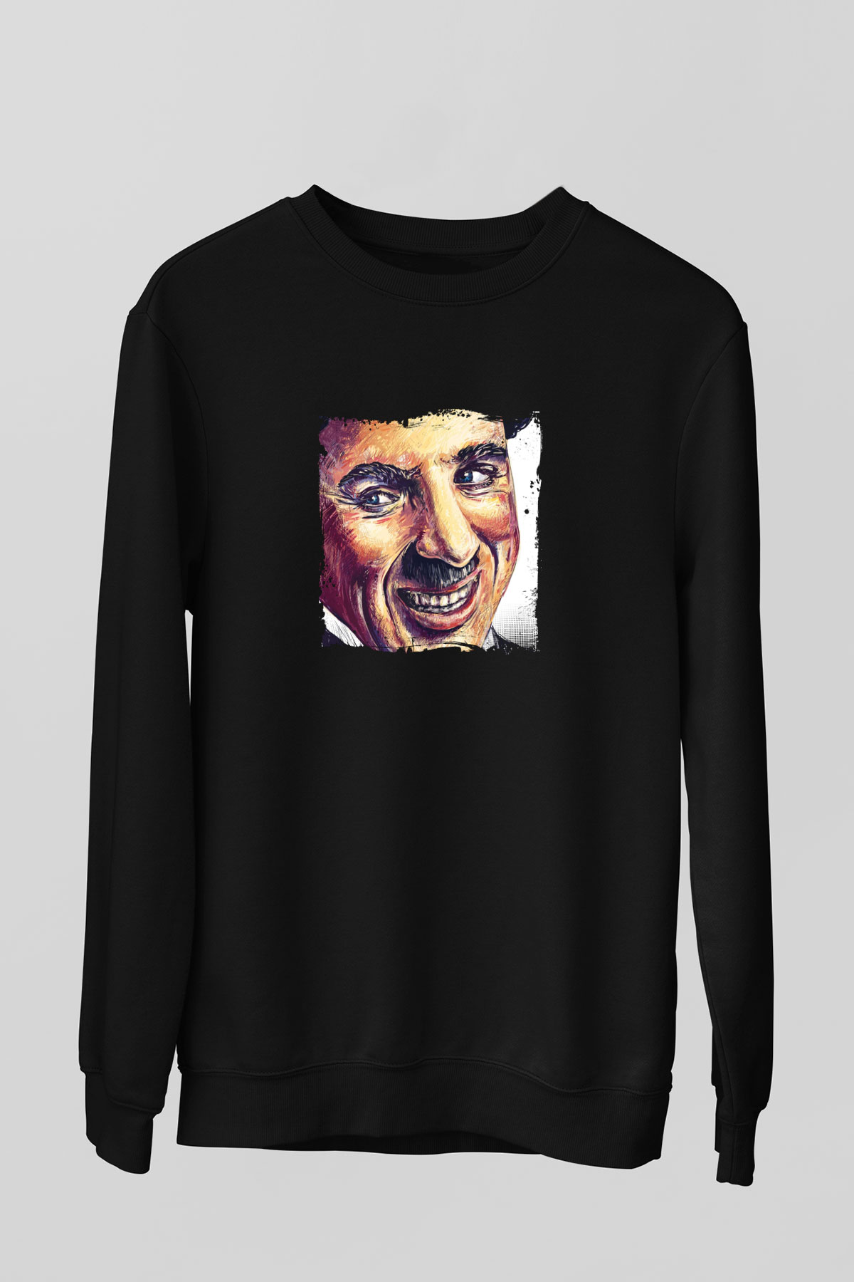 Charlie Chaplin Baskılı Unisex Siyah Sweatshirt