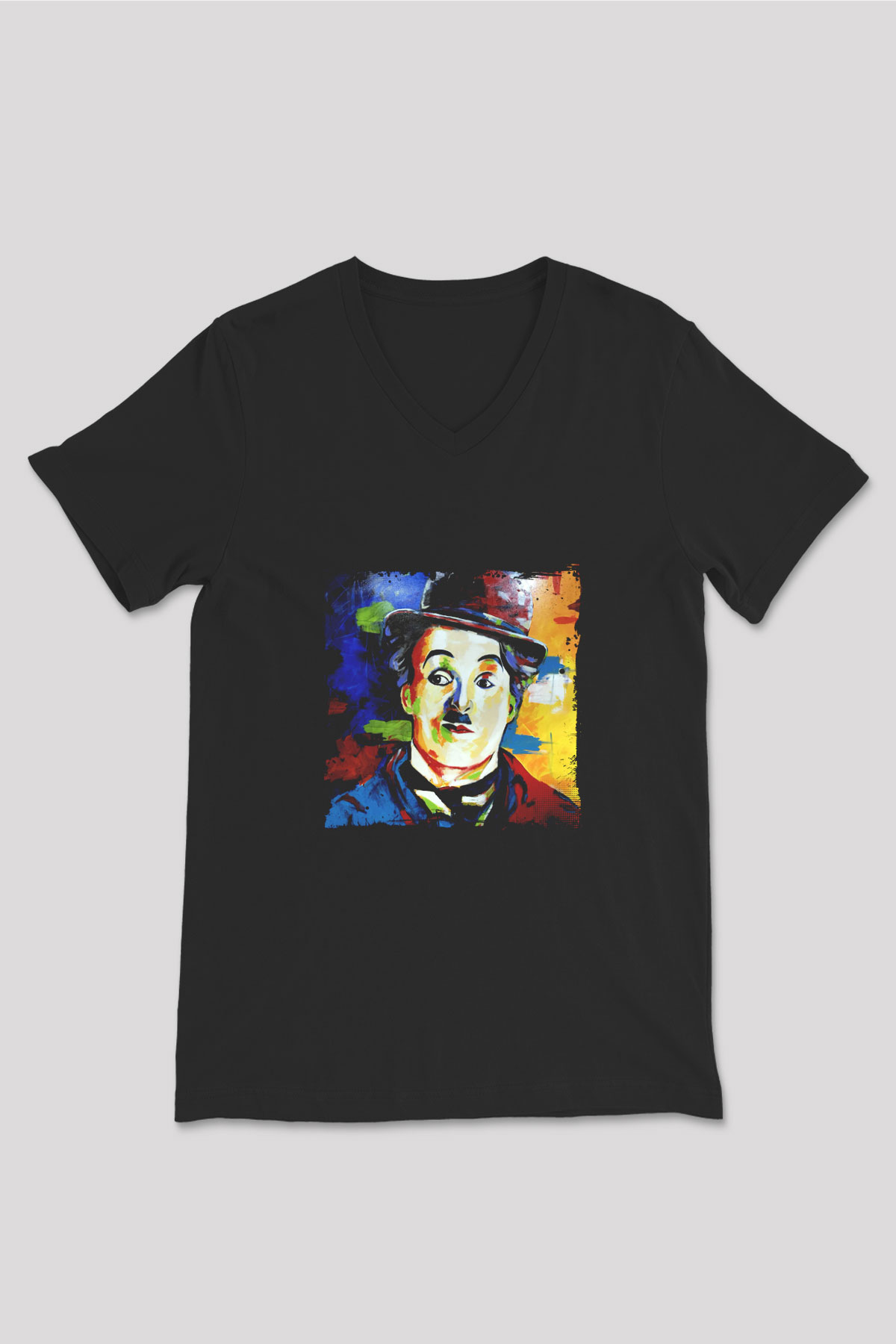 Charlie Chaplin Baskılı Unisex Siyah V Yaka Tişört