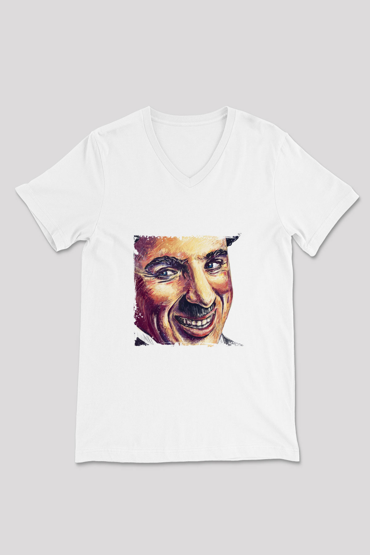 Charlie Chaplin Baskılı V Yaka Unisex Beyaz Tişört