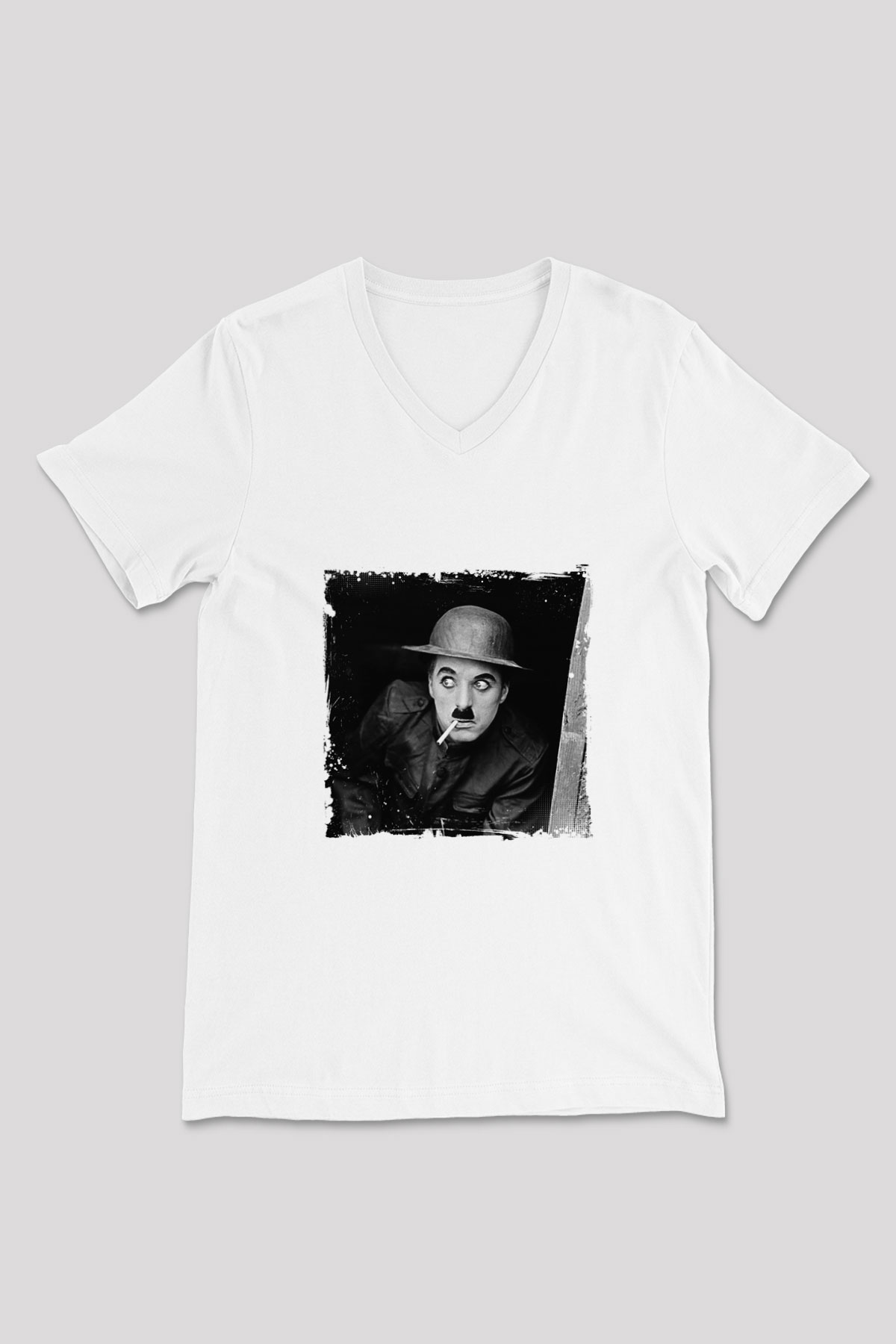 Charlie Chaplin Baskılı V Yaka Unisex Beyaz Tişört