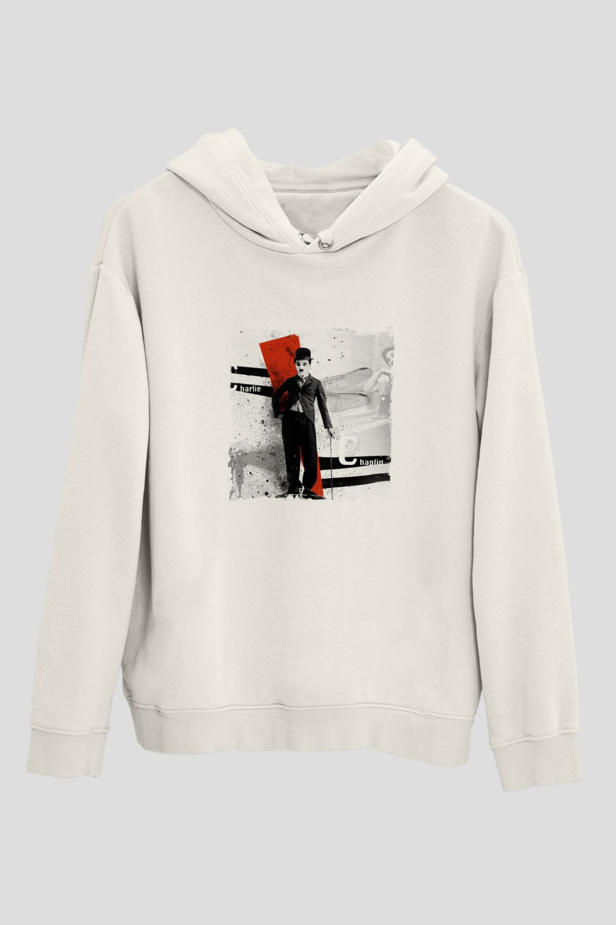 Charlie Chaplin Unisex Baskılı Beyaz Kapüşonlu Sweatshirt