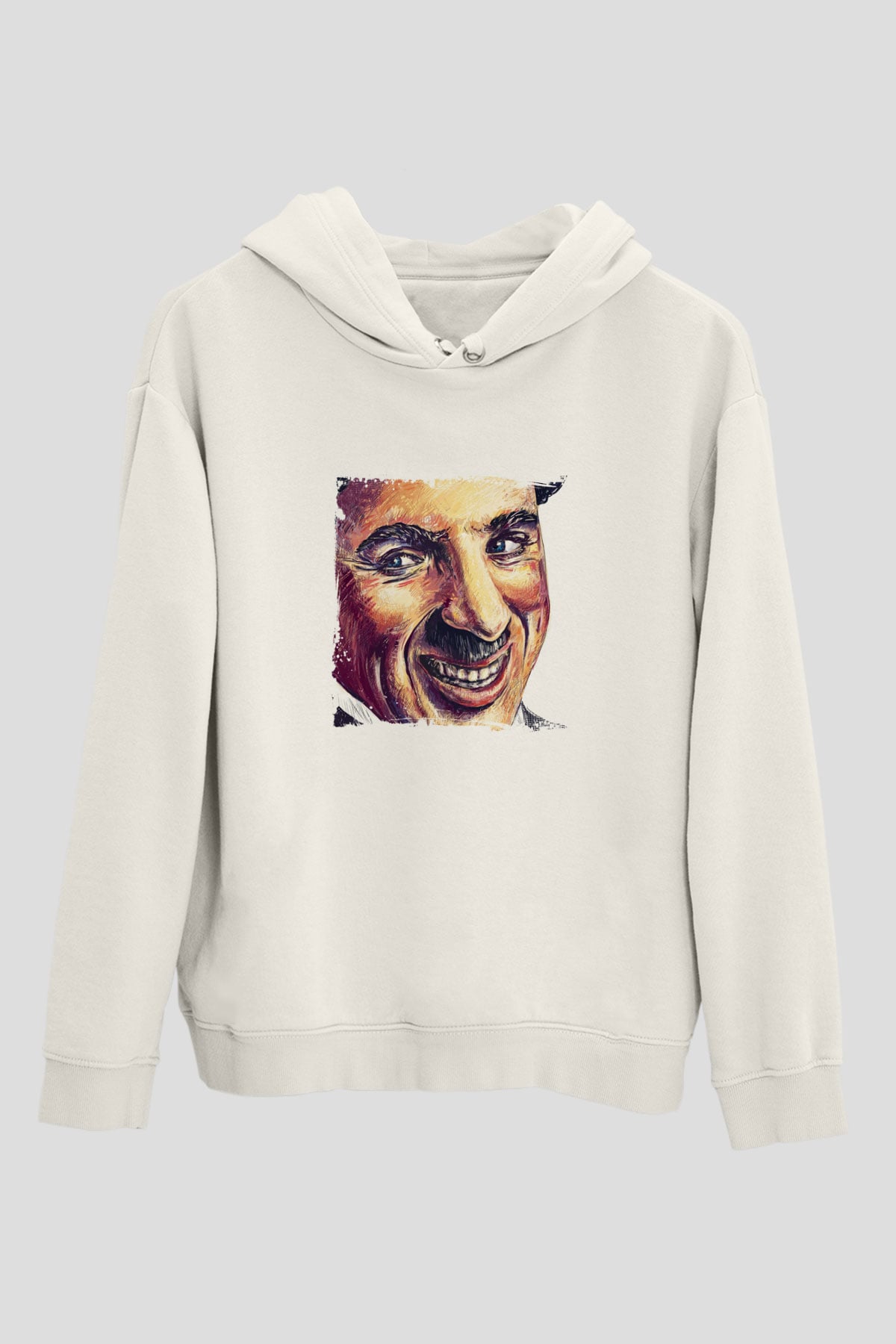 Charlie Chaplin Unisex Baskılı Beyaz Kapüşonlu Sweatshirt