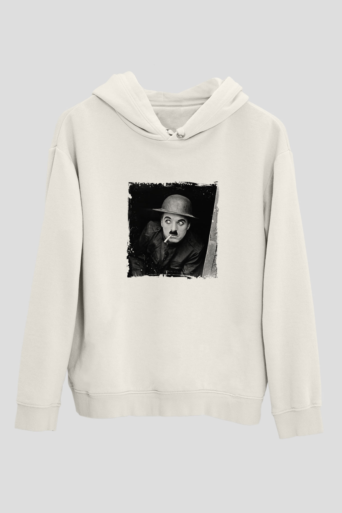 Charlie Chaplin Unisex Baskılı Beyaz Kapüşonlu Sweatshirt
