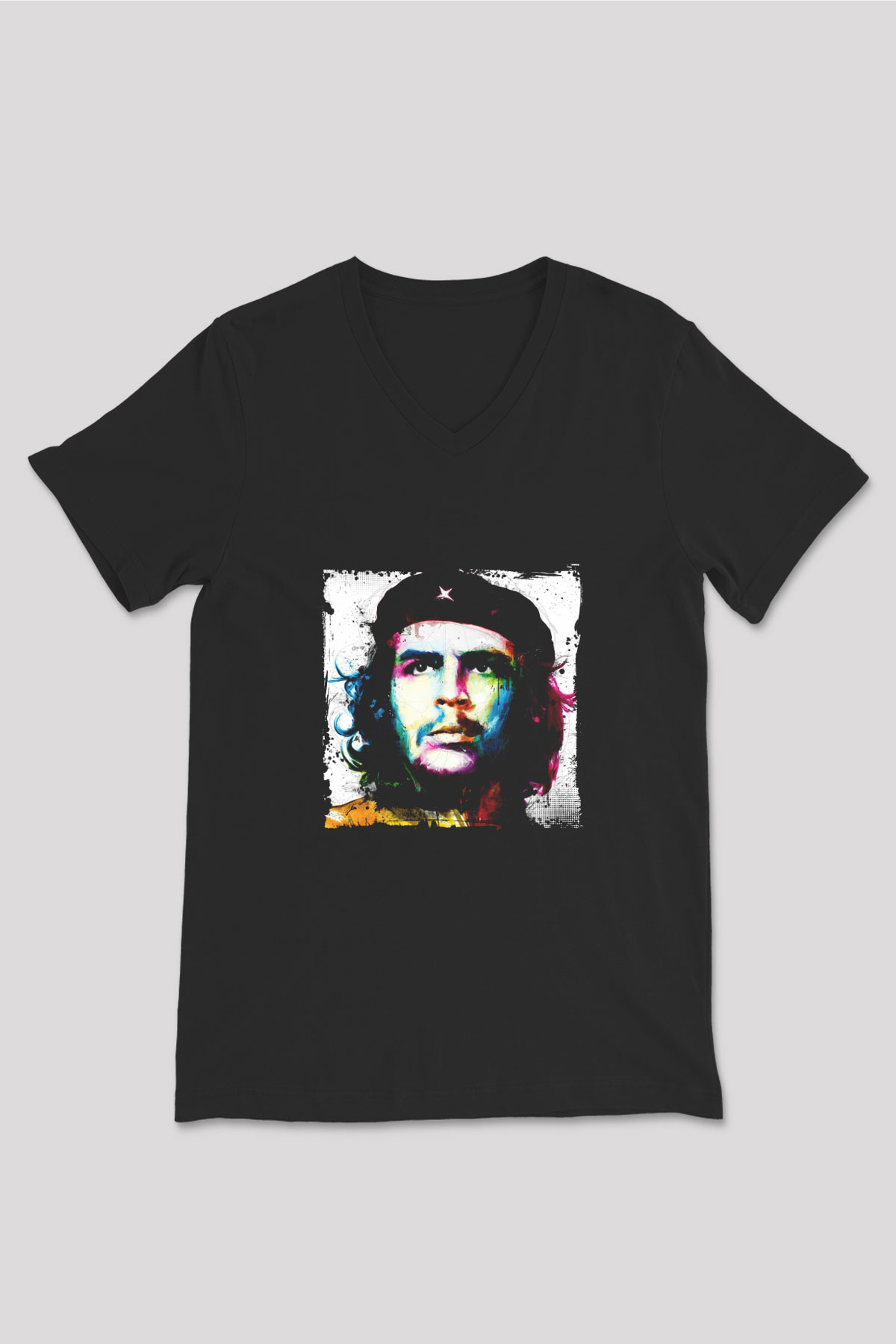 Che Guevara Baskılı Unisex Siyah V Yaka Tişört