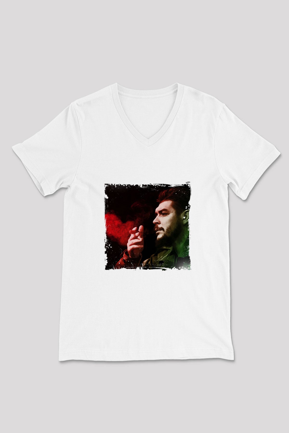 Che Guevara Baskılı V Yaka Unisex Beyaz Tişört
