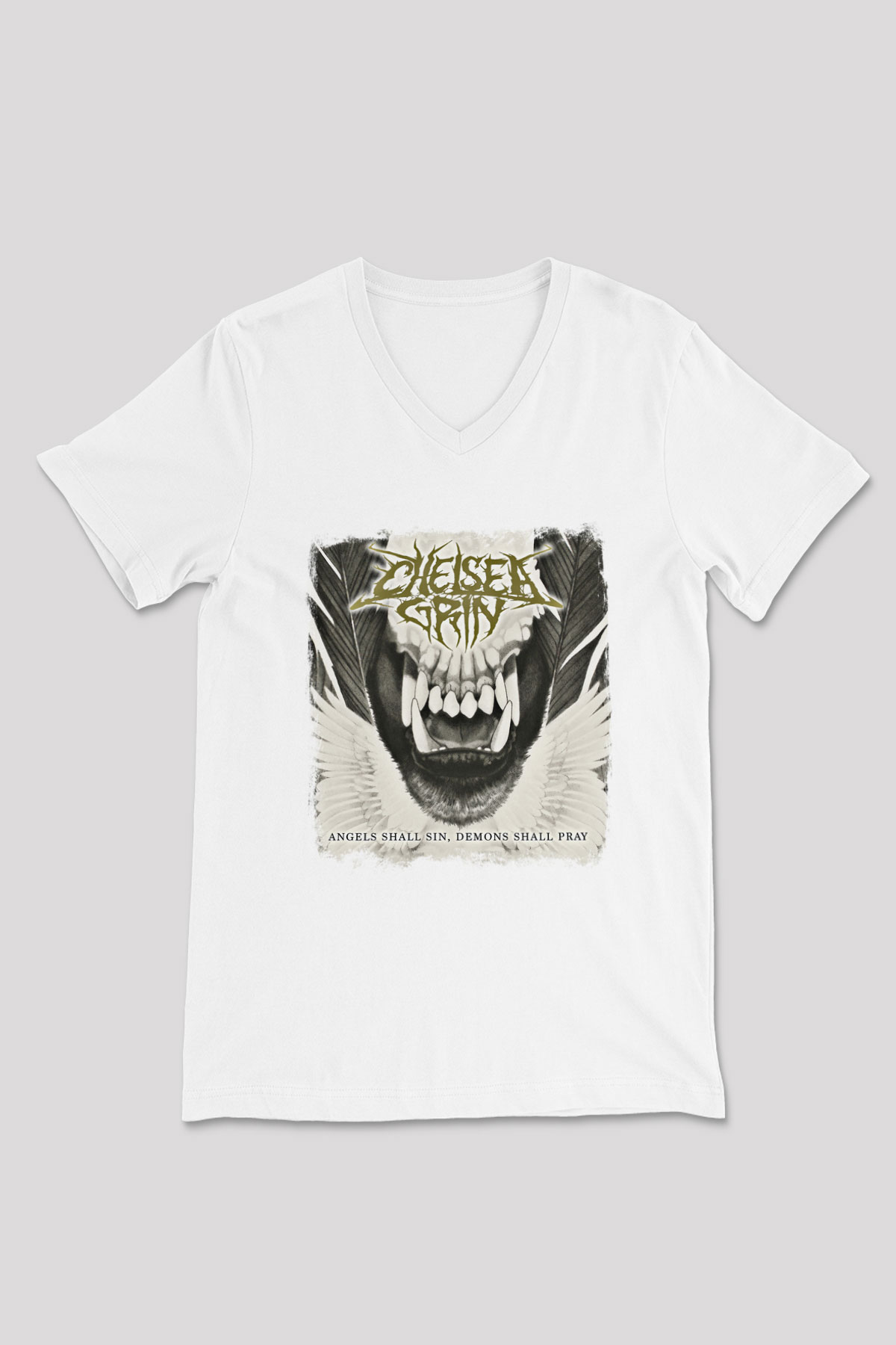 Chelsea Grin Baskılı Unisex Beyaz V Yaka Tişört