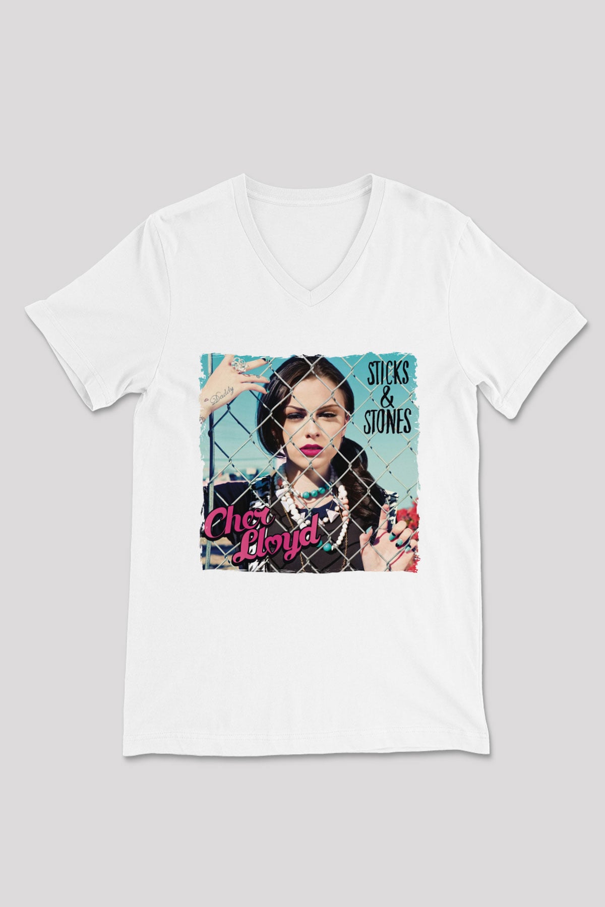 Cher Lloyd Beyaz Unisex V Yaka Tişört