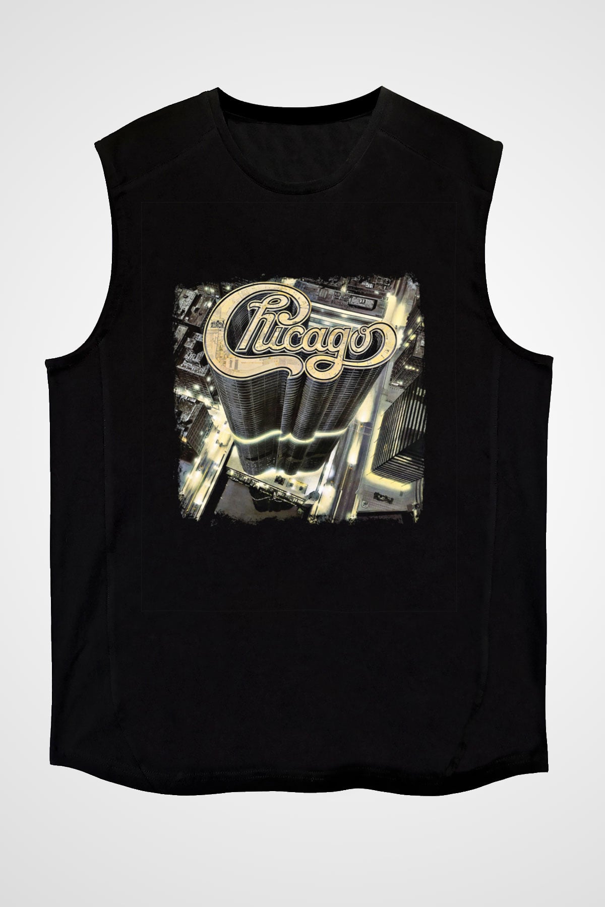 Chicago Baskılı Unisex Siyah Kolsuz Tişört