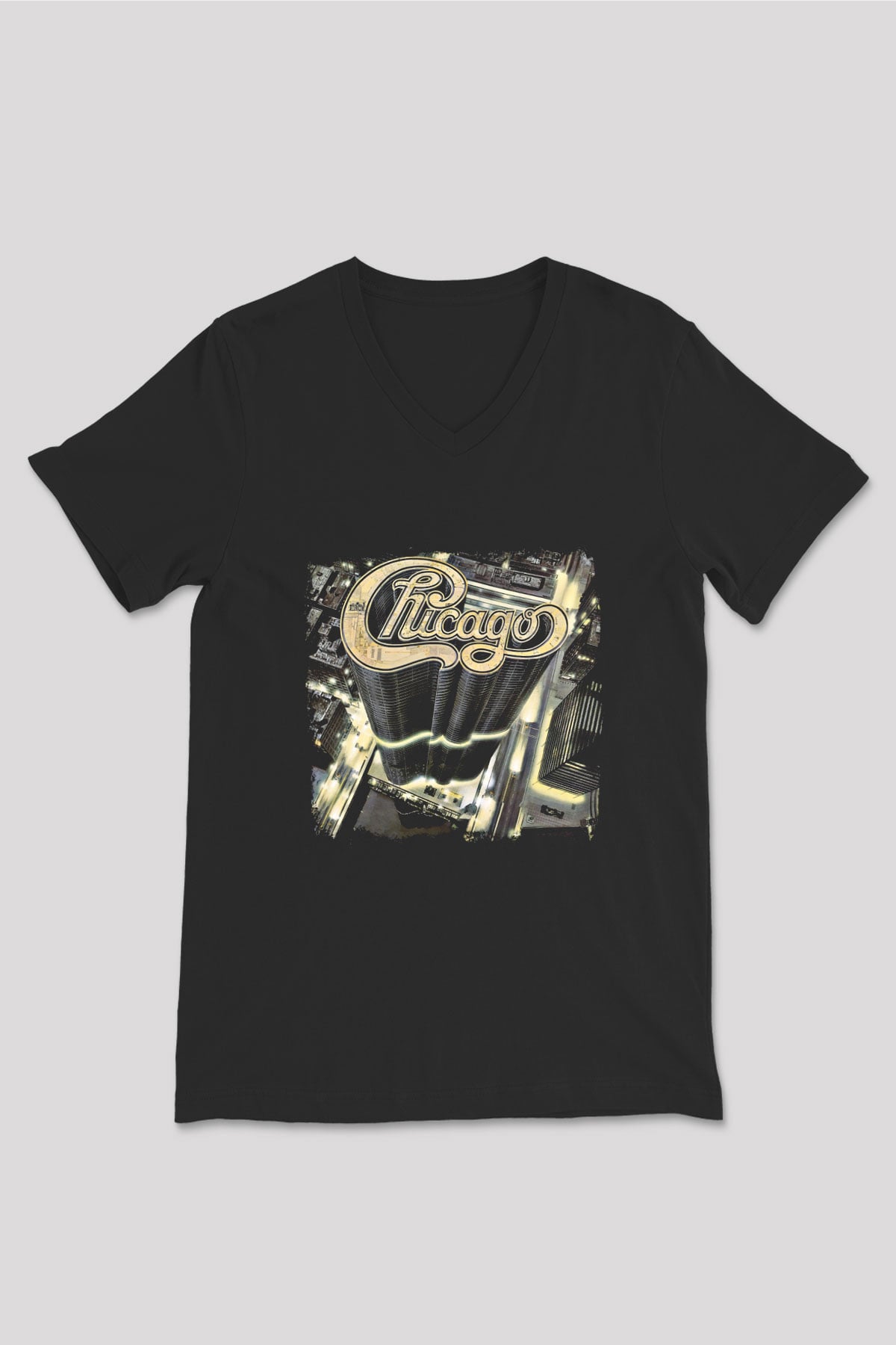 Chicago Baskılı Unisex Siyah V Yaka Tişört