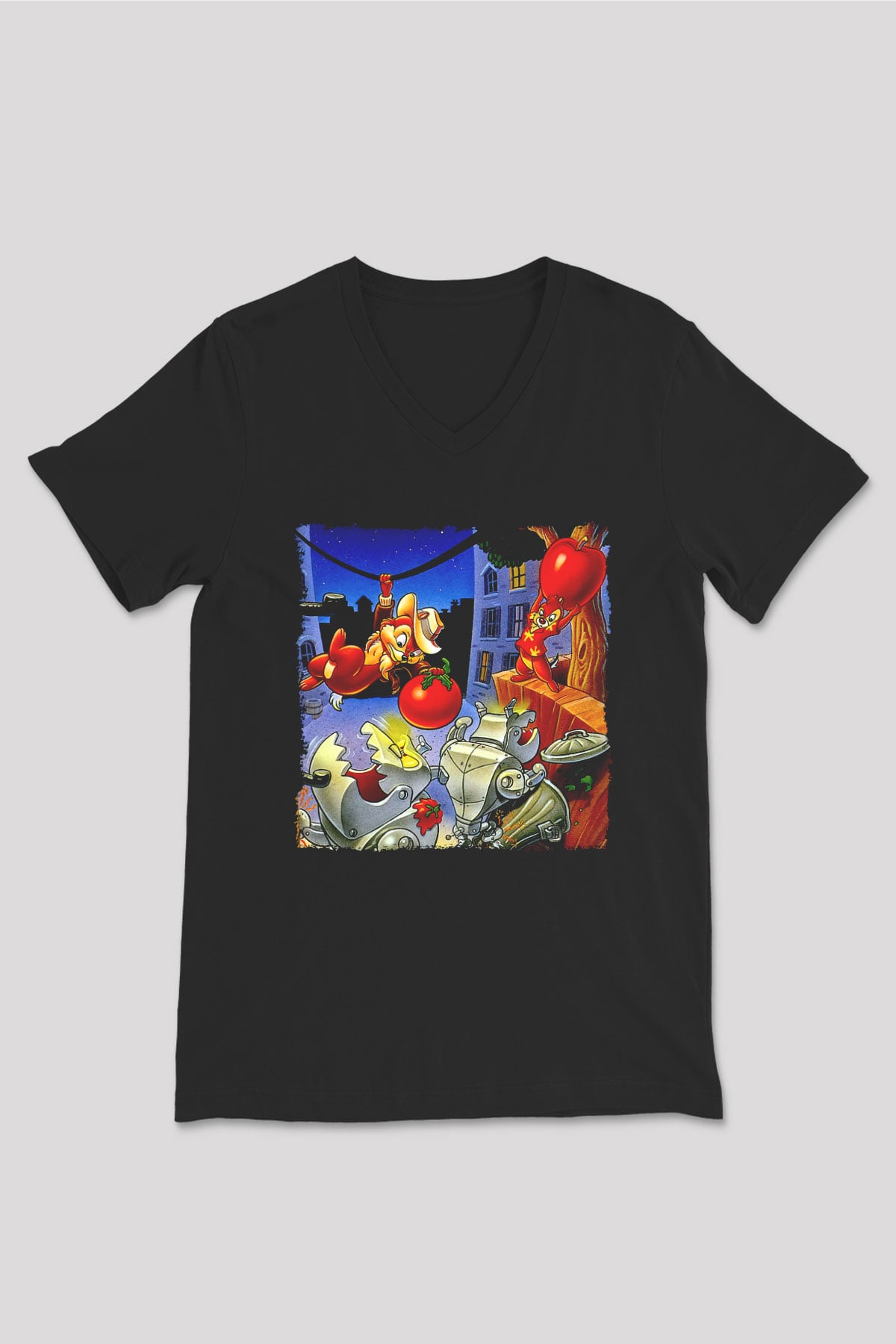 Chip'n Dale Rescue Rangers Siyah Unisex  V Yaka Tişört