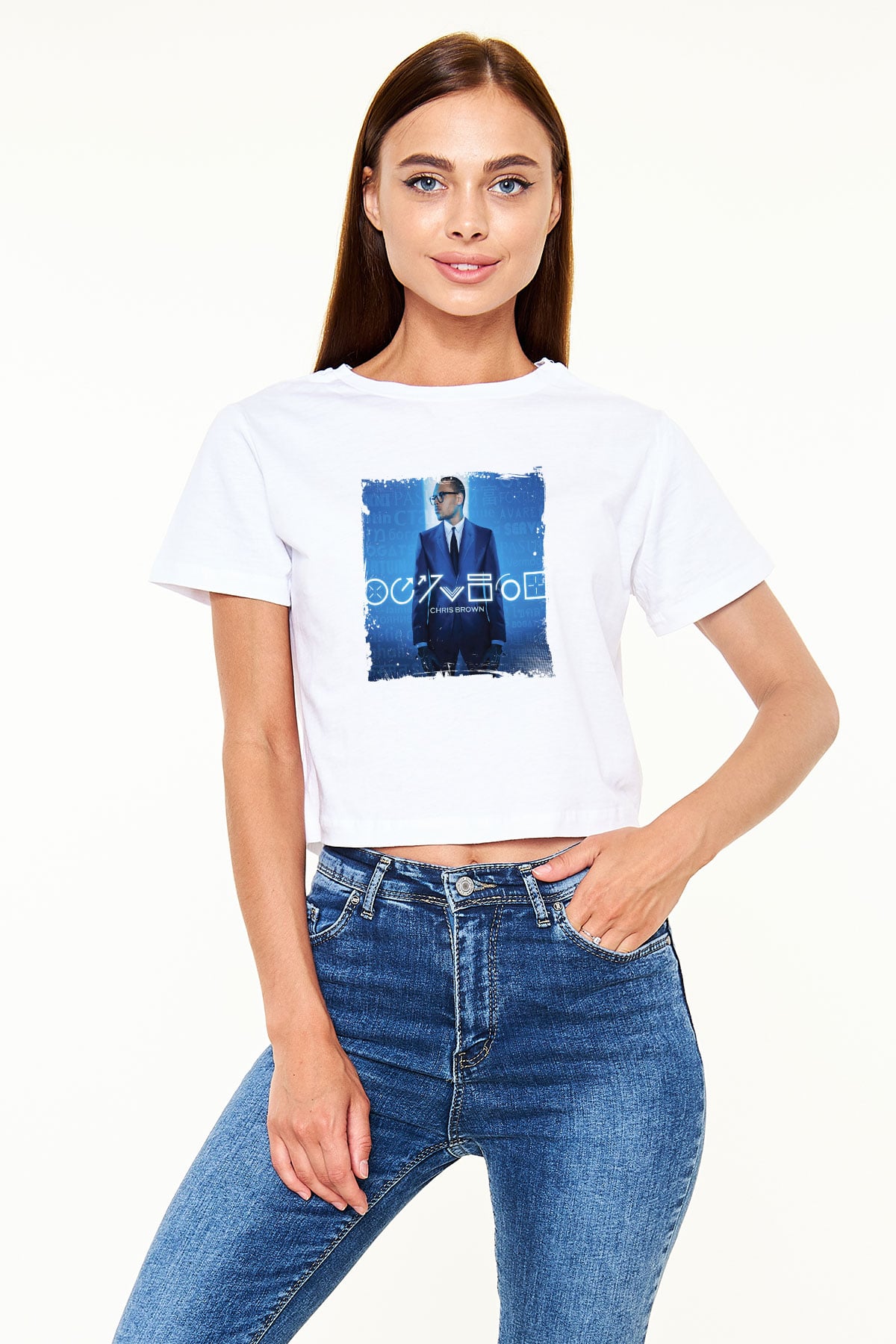 Chris Brown Baskılı Beyaz Kadın Crop Top Tişört