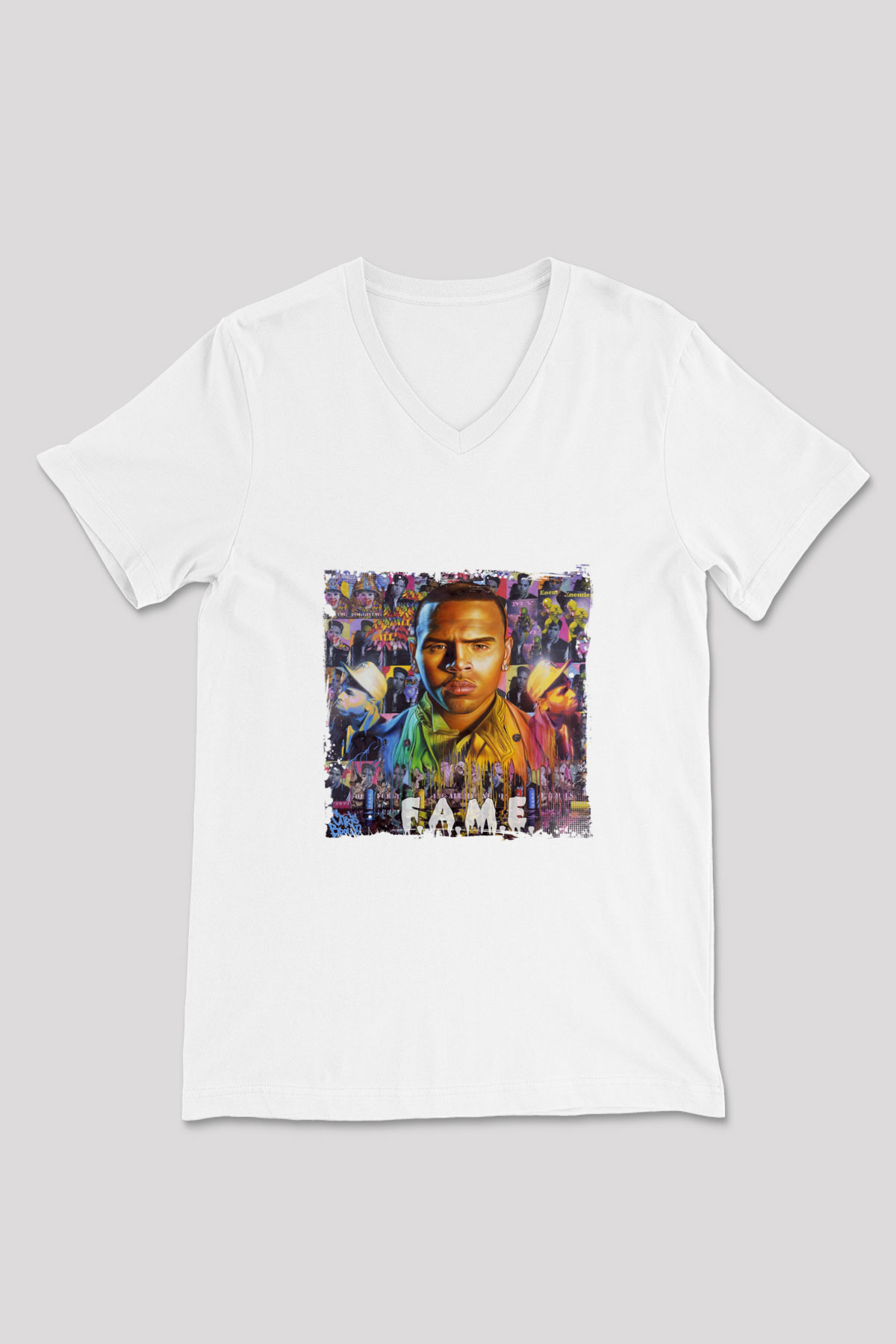 Chris Brown Baskılı Beyaz V Yaka Unisex Tişört
