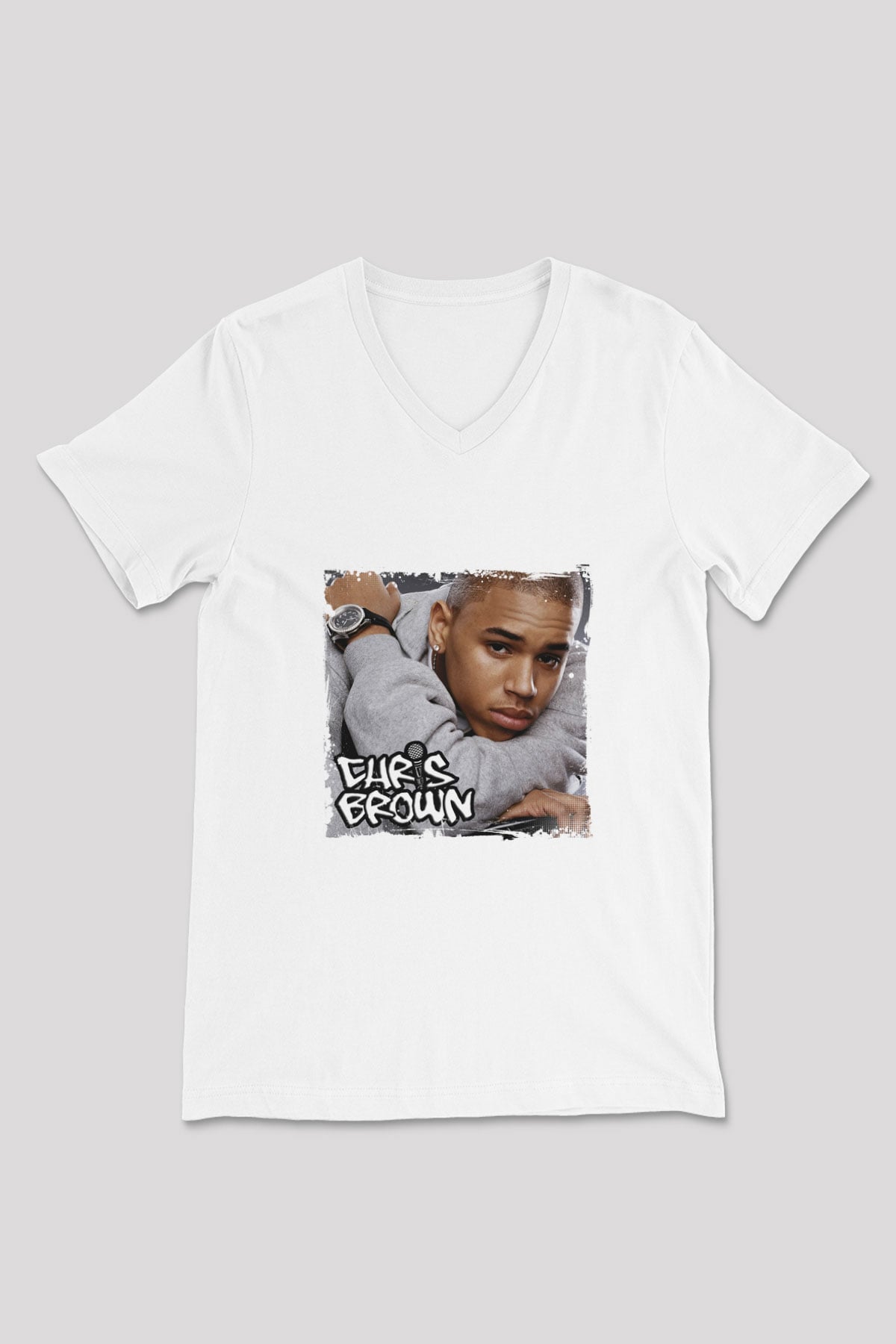 Chris Brown Baskılı Beyaz V Yaka Unisex Tişört