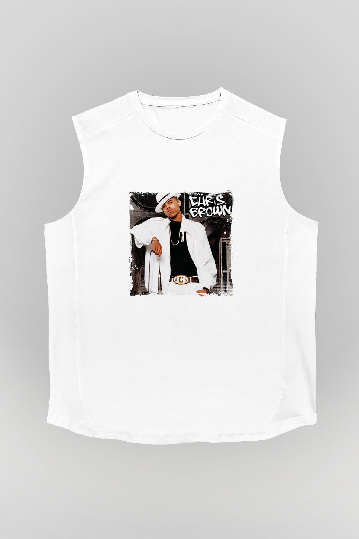 Chris Brown Baskılı Unisex Beyaz Kolsuz Tişört