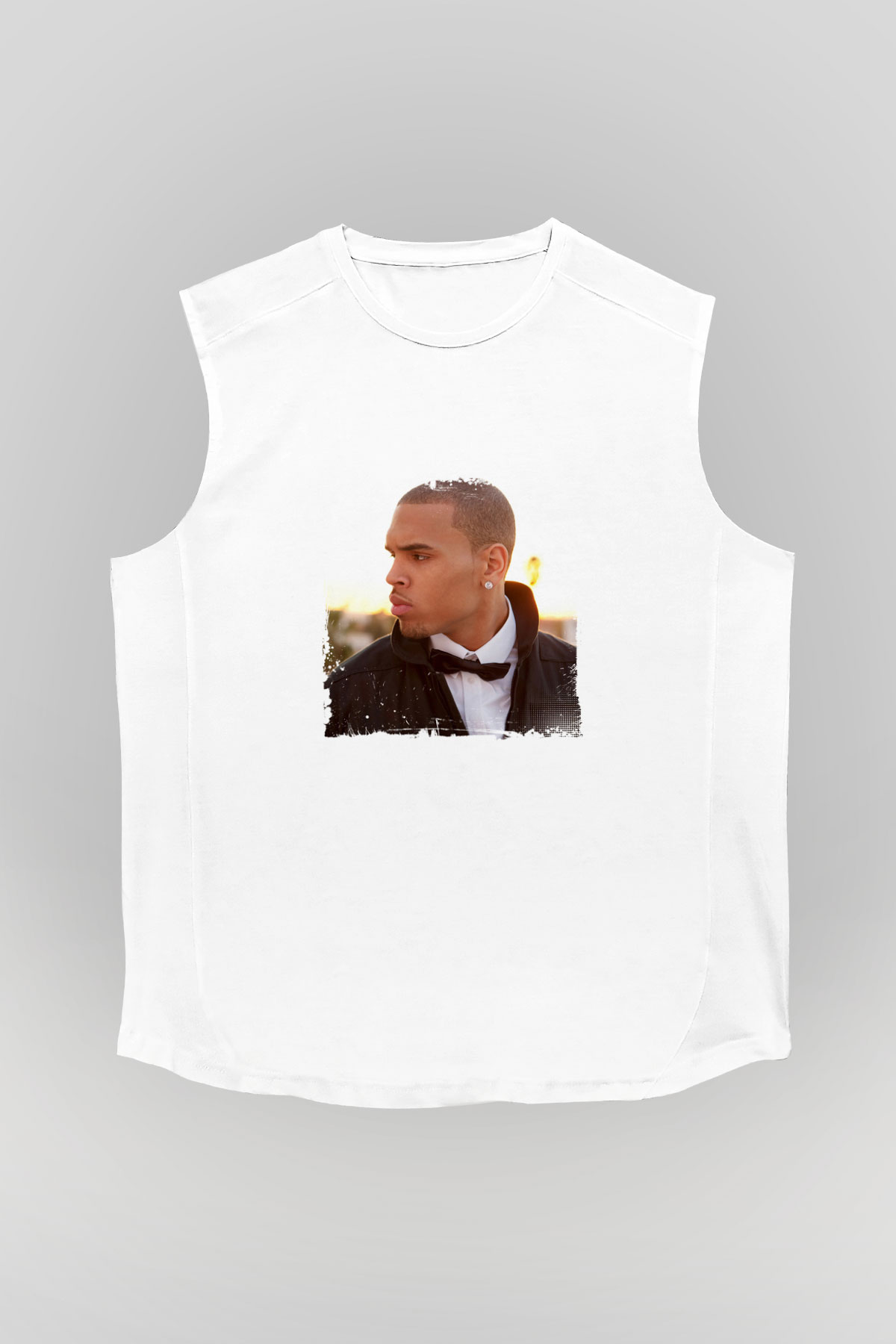Chris Brown Baskılı Unisex Beyaz Kolsuz Tişört