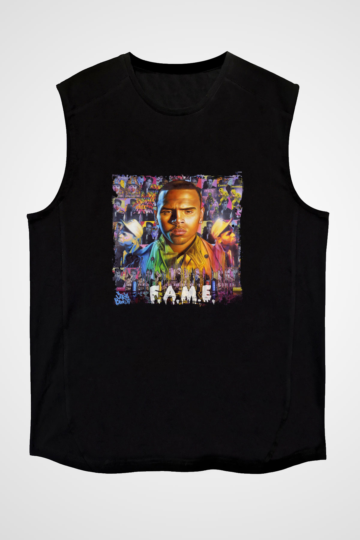 Chris Brown Baskılı Unisex Siyah Kolsuz Tişört