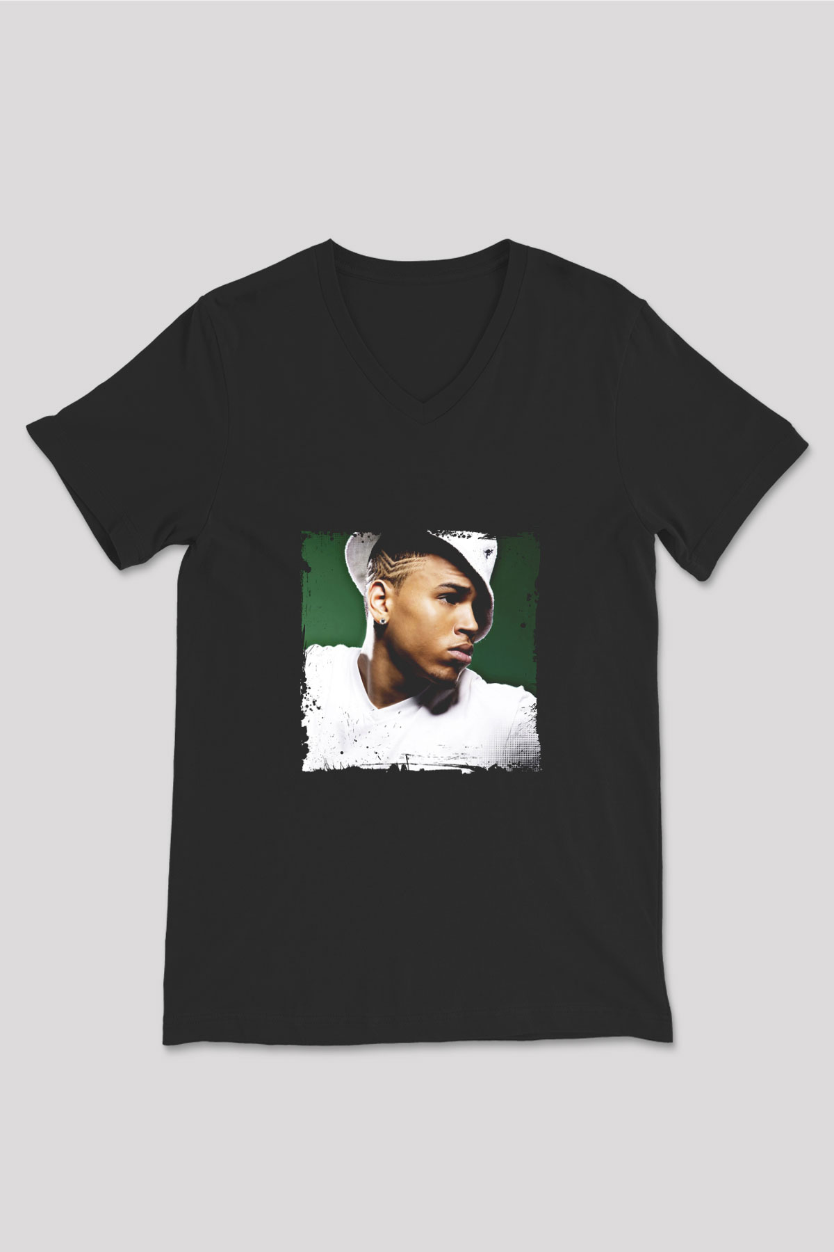 Chris Brown Baskılı Unisex Siyah V Yaka Tişört
