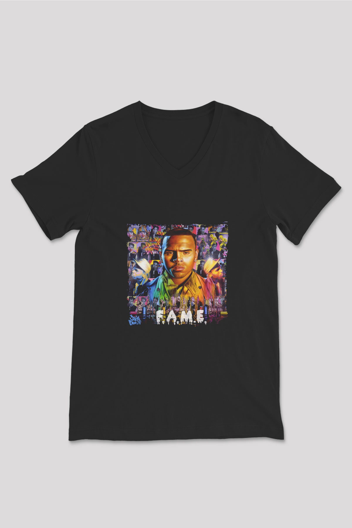 Chris Brown Baskılı Unisex Siyah V Yaka Tişört