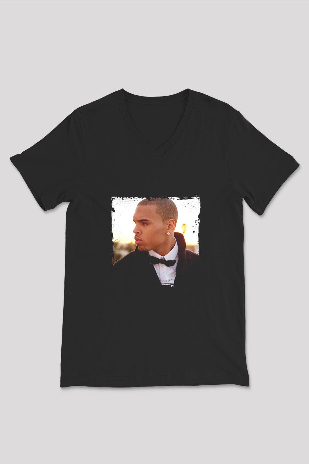 Chris Brown Baskılı Unisex Siyah V Yaka Tişört