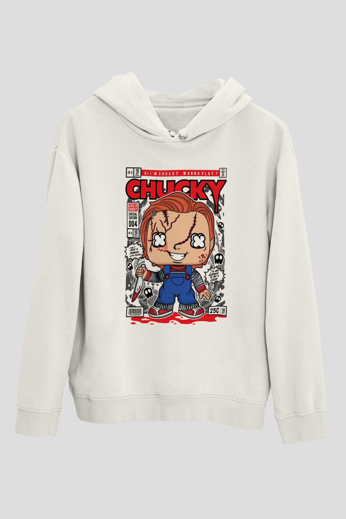 Chucky Baskılı Unisex Beyaz Hoodie