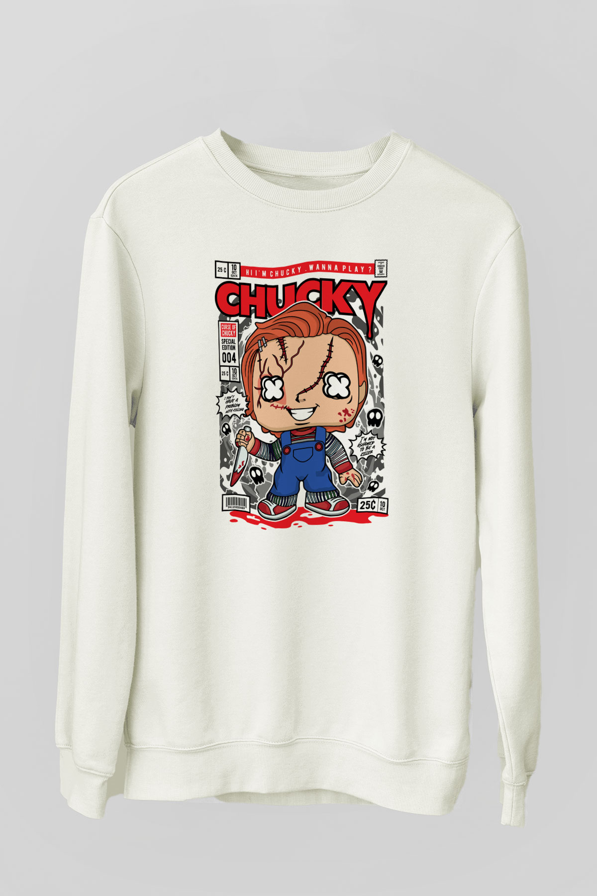Chucky Baskılı Unisex Beyaz Sweatshirt