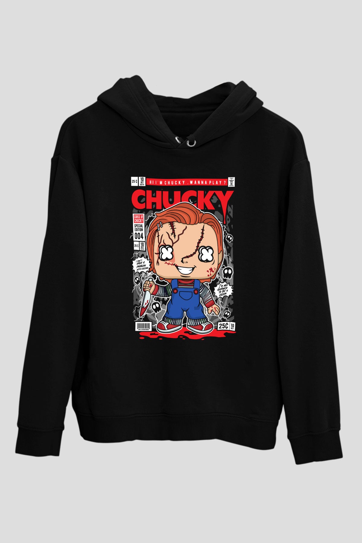 Chucky Baskılı Unisex Siyah Hoodie
