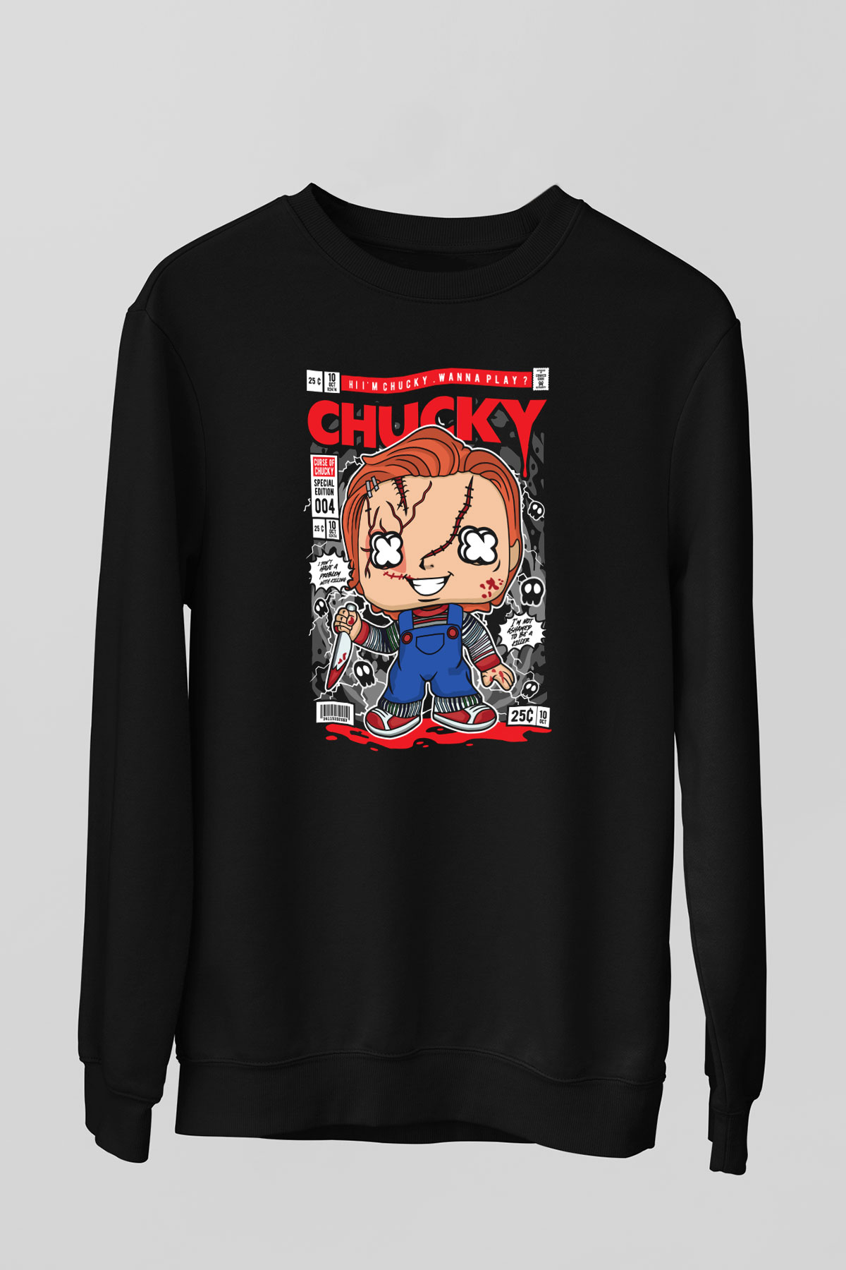 Chucky Baskılı Unisex Siyah Sweatshirt