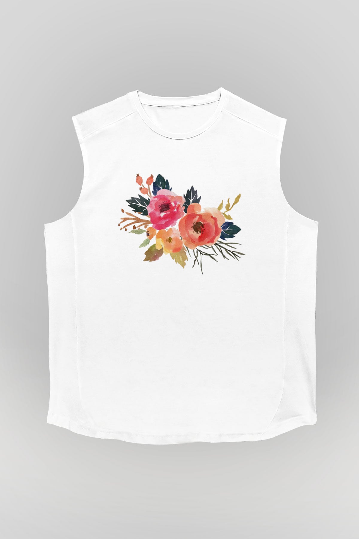 Çiçek Beyaz Unisex Kolsuz Tişört