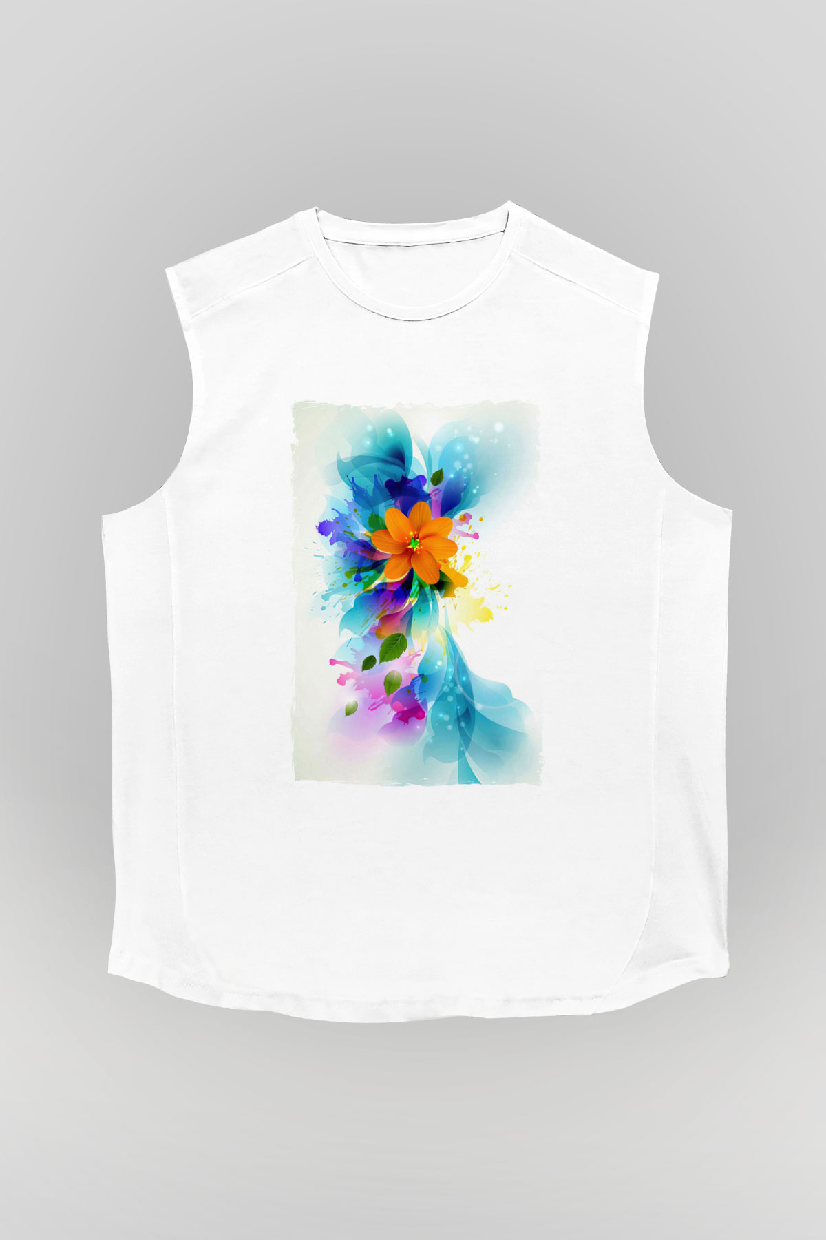 Çiçek Beyaz Unisex Kolsuz Tişört