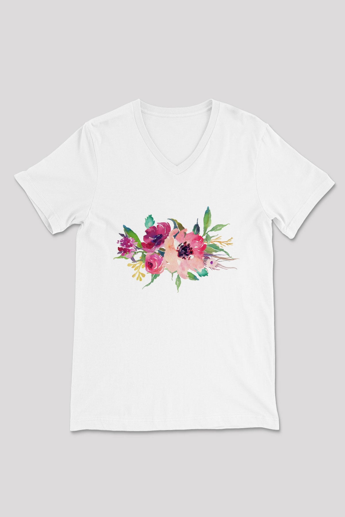 Çiçek Beyaz Unisex V Yaka Tişört
