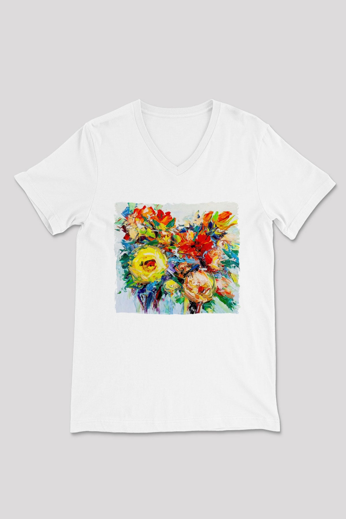 Çiçek Beyaz Unisex V Yaka Tişört