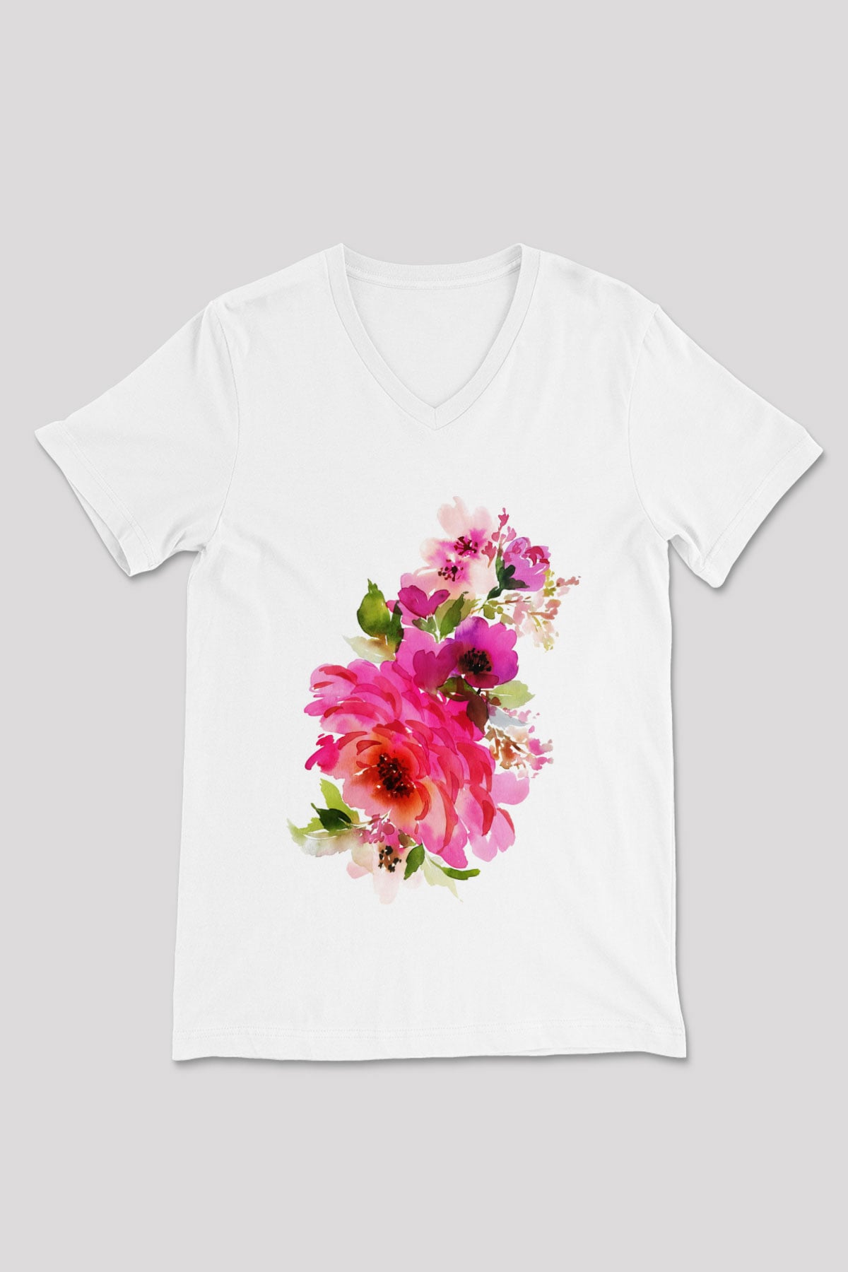 Çiçek Beyaz Unisex V Yaka Tişört T-Shirt