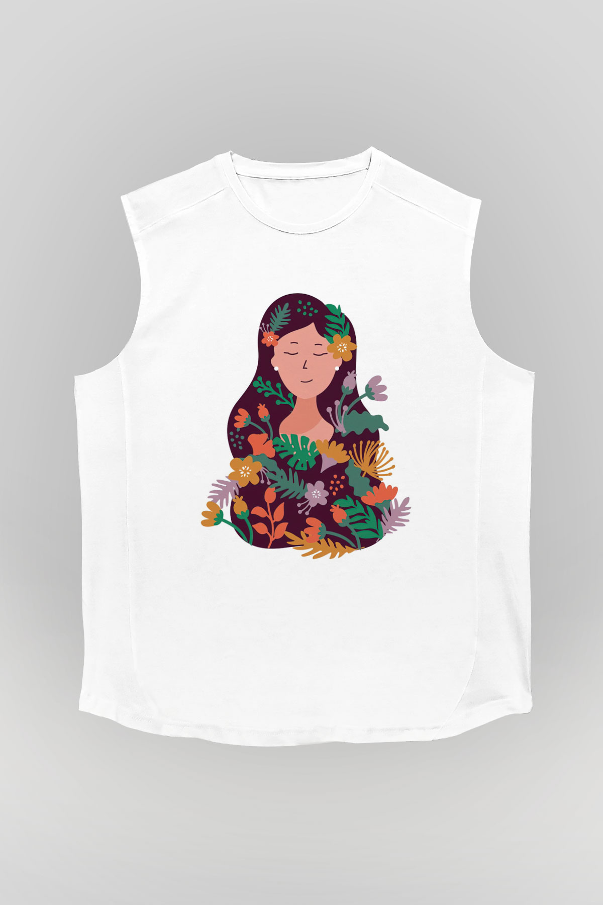 Çiçekçi Beyaz Unisex Kolsuz Tişört