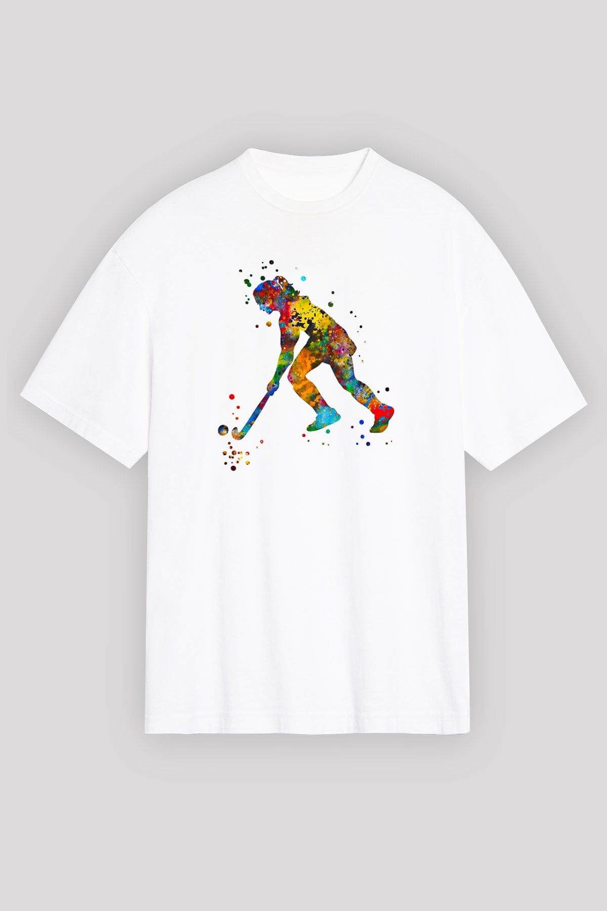 Çim Hokeyi Baskılı Unisex Beyaz Oversize Tişört - Tshirt