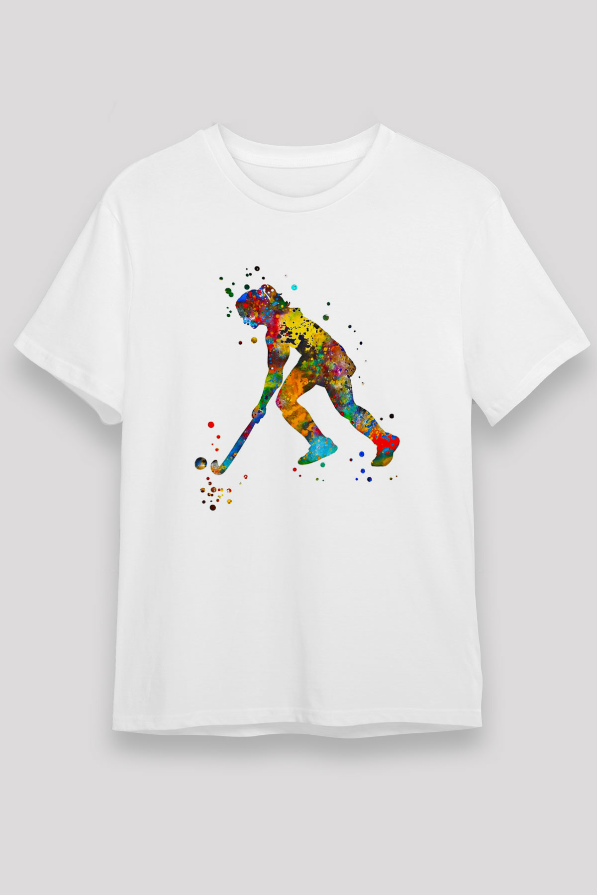 Çim Hokeyi Baskılı Unisex Beyaz Tişört - Tshirt