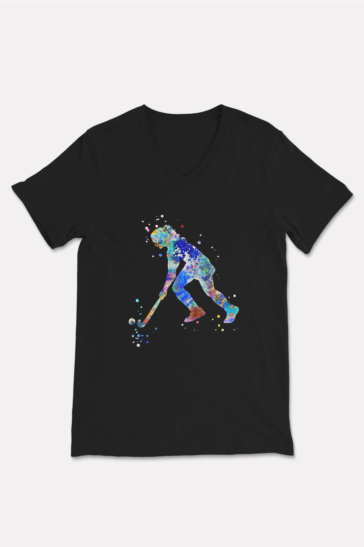 Çim Hokeyi - Field Hockey Baskılı Unisex Siyah V Yaka Tişört