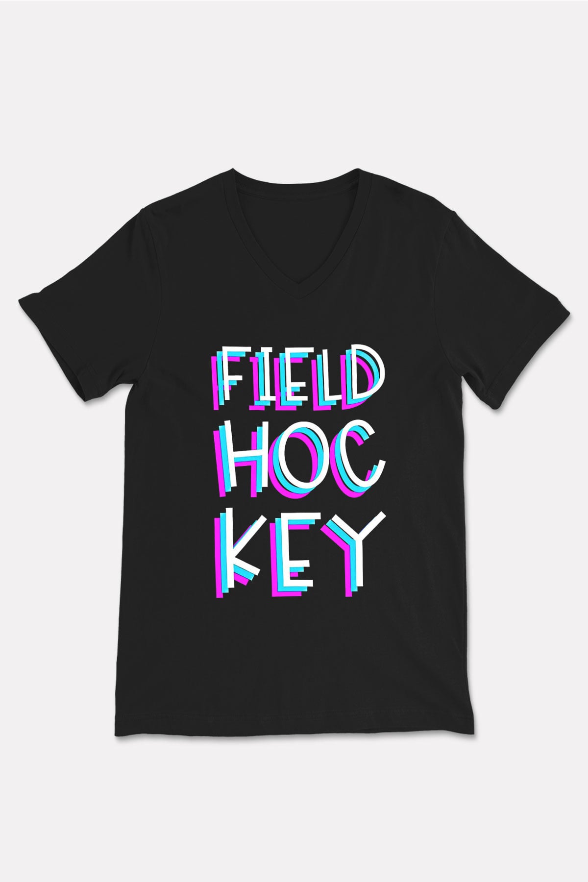 Çim Hokeyi - Field Hockey Baskılı Unisex Siyah V Yaka Tişört