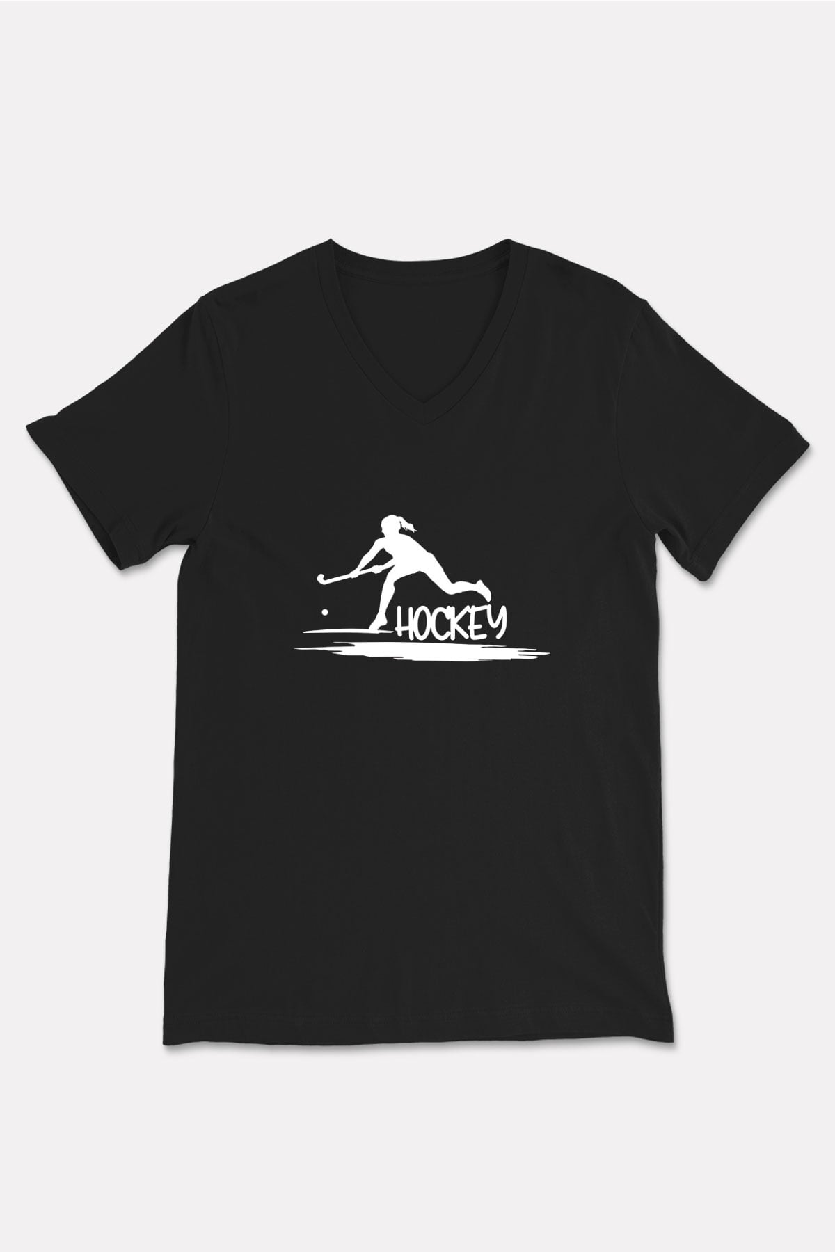 Çim Hokeyi - Field Hockey Baskılı Unisex Siyah V Yaka Tişört